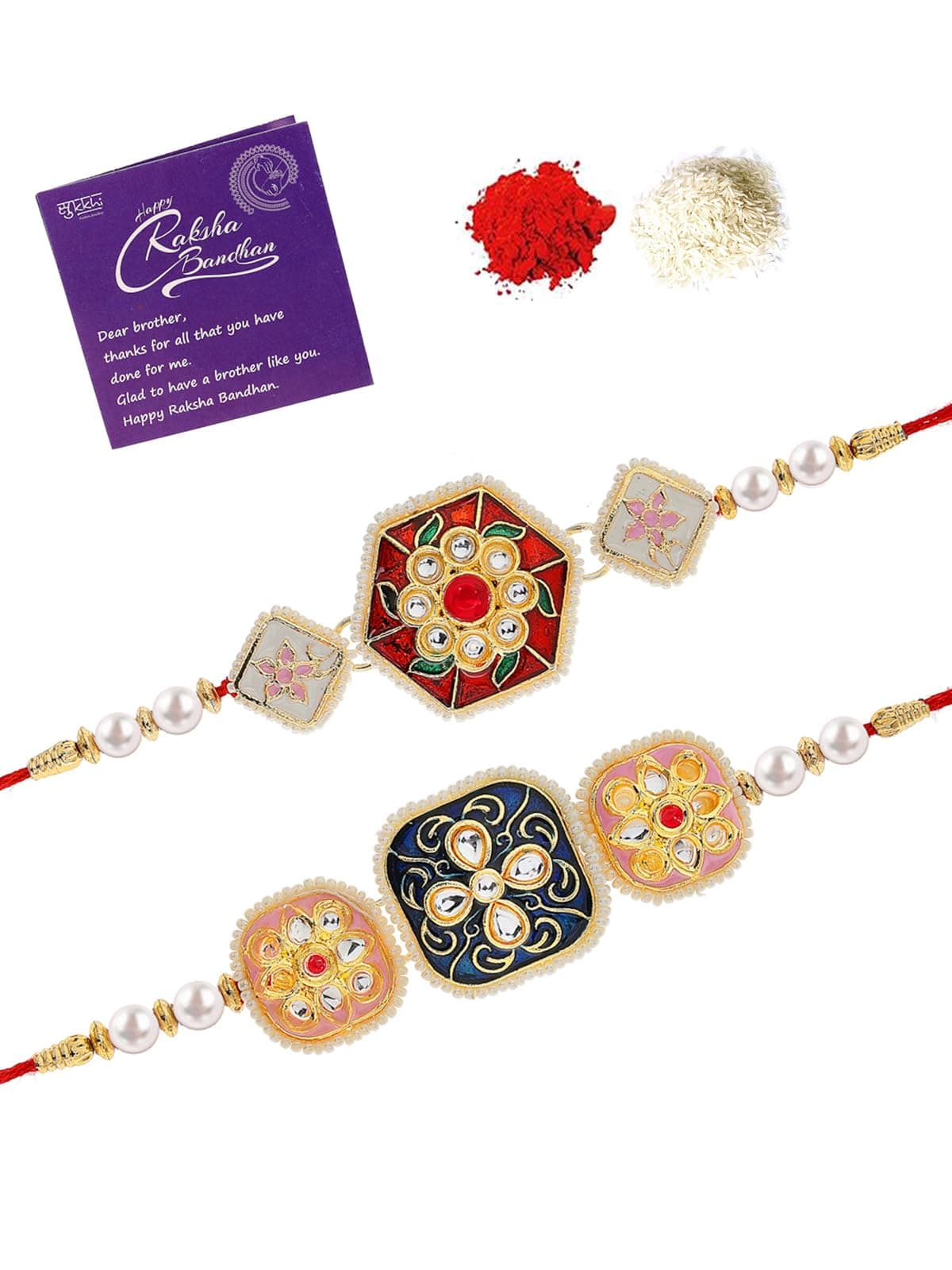 Sukkhi Rakhi Traditional Kundan & Pearls Designer Meenakari Gold Plated Premium Rakhi for Brother With Roli Chawal & Greeting Card | Rakhi for Brother/Bhaiya/Bhai/Men|Rakhi Combo-Set of 2|CBRAK106942