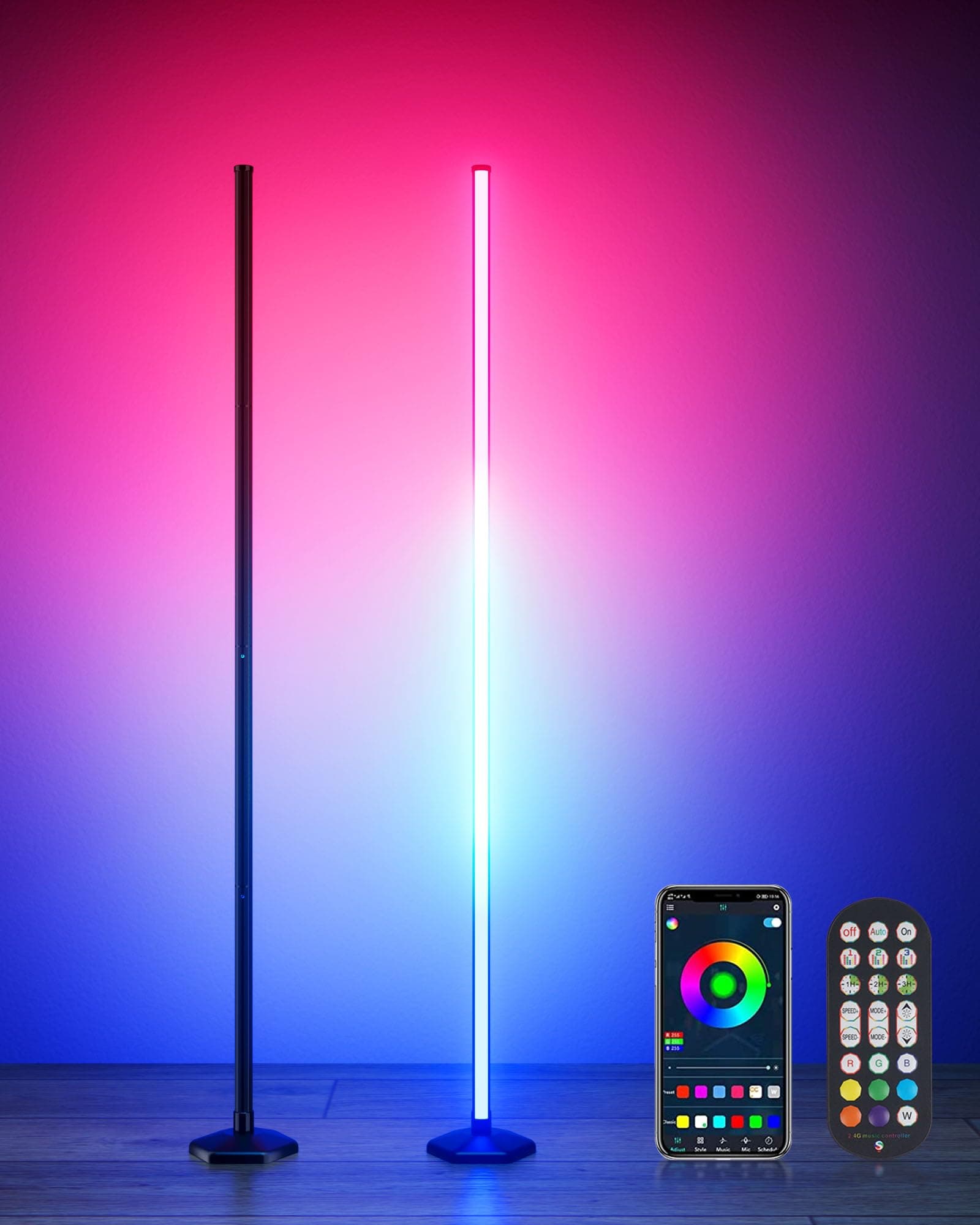 JarryStart 2Pcs Led Corner Lamp, 65" Color Changing Corner Lamp with Remote, Dimmable RGB Floor Lamp with Music Sync, Modern and Inte Floor Lamp