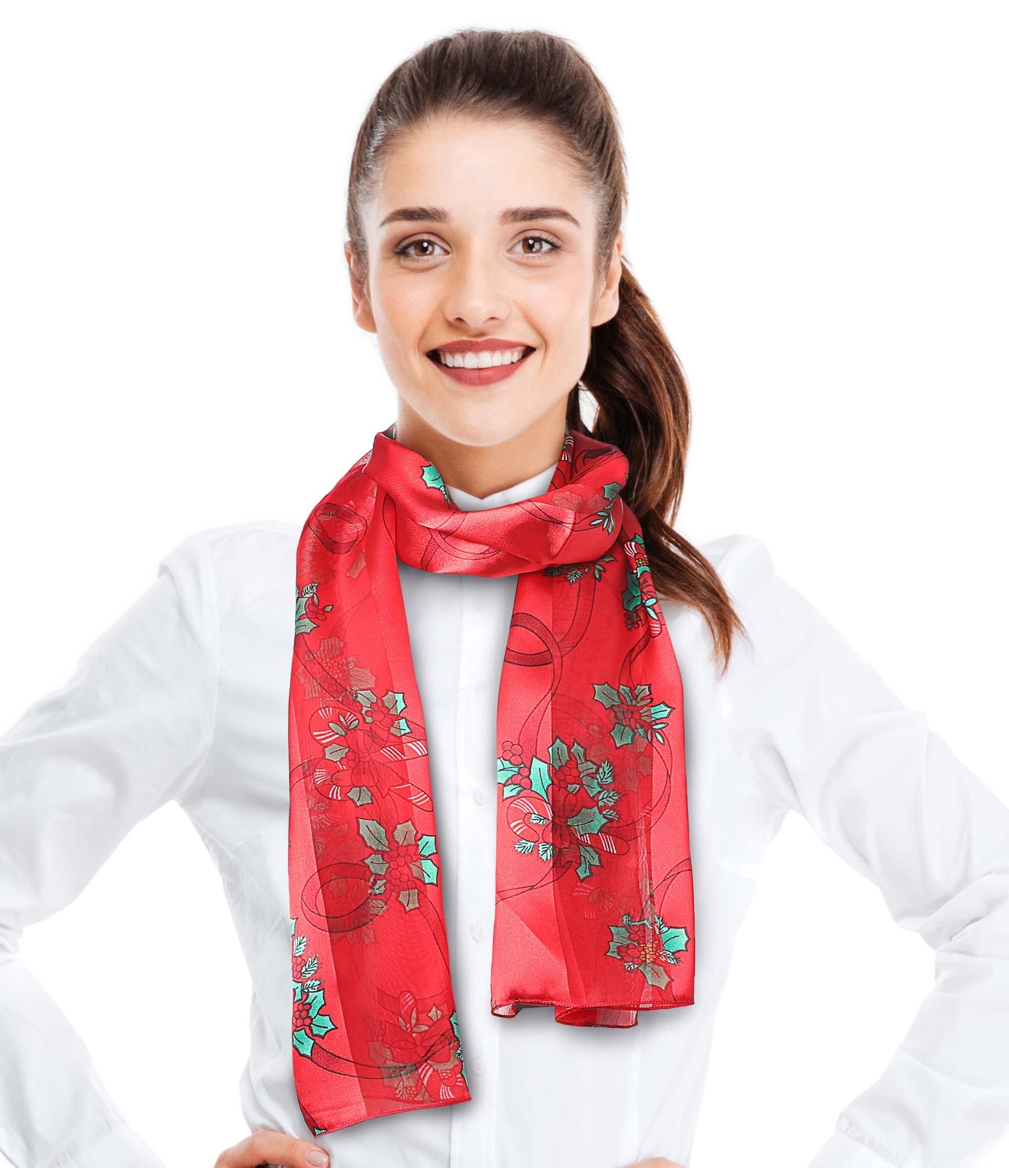 Christmas Scarf - Christmas Candycane, Poinsettia w/ Gift Box By Crown (Candycane Red)
