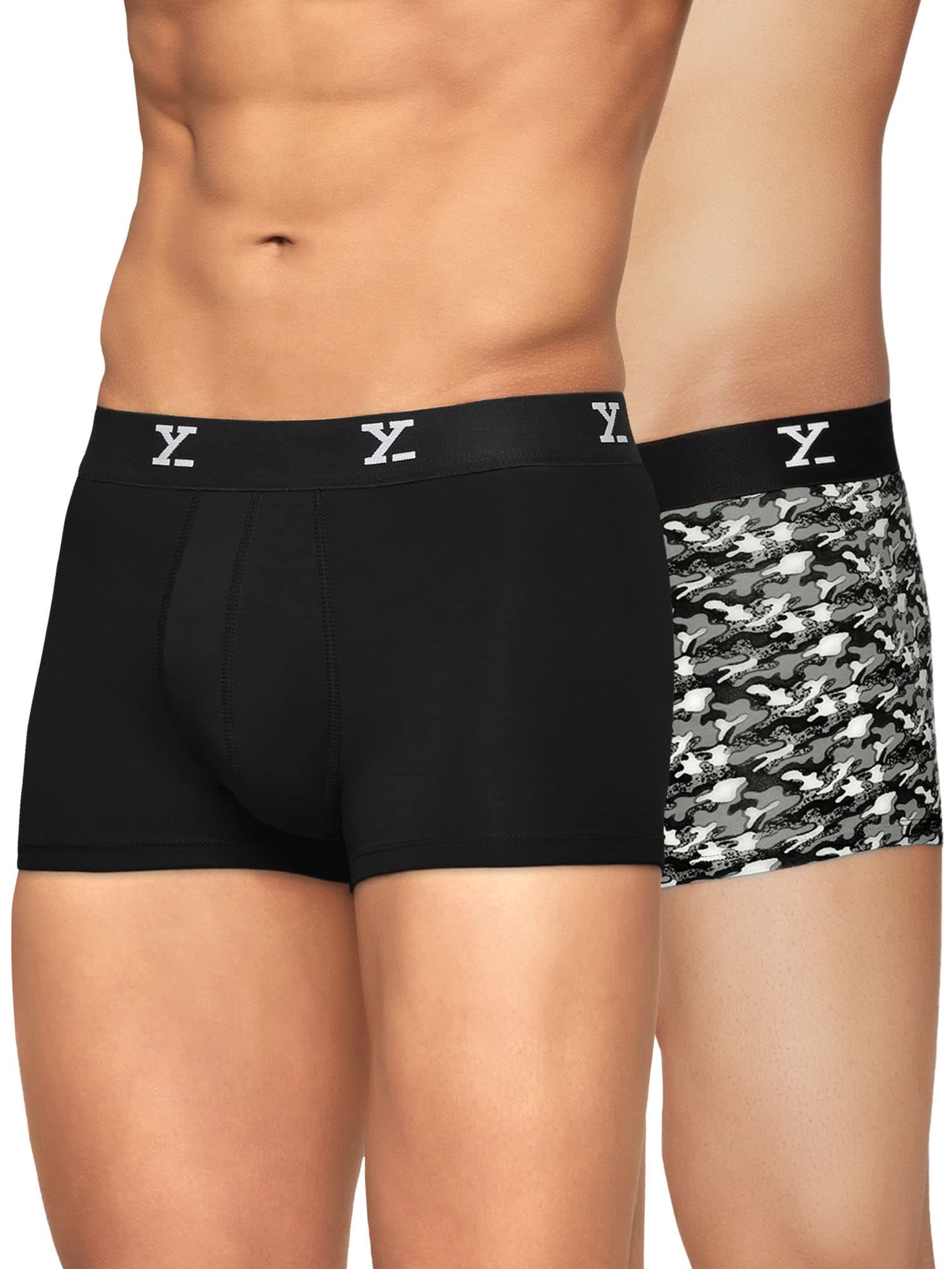 XYXX Men's Underwear Shuffle IntelliSoft Antimicrobial Micro Modal Trunk Pack of 2 (Camo Monocrom ; Black; S)