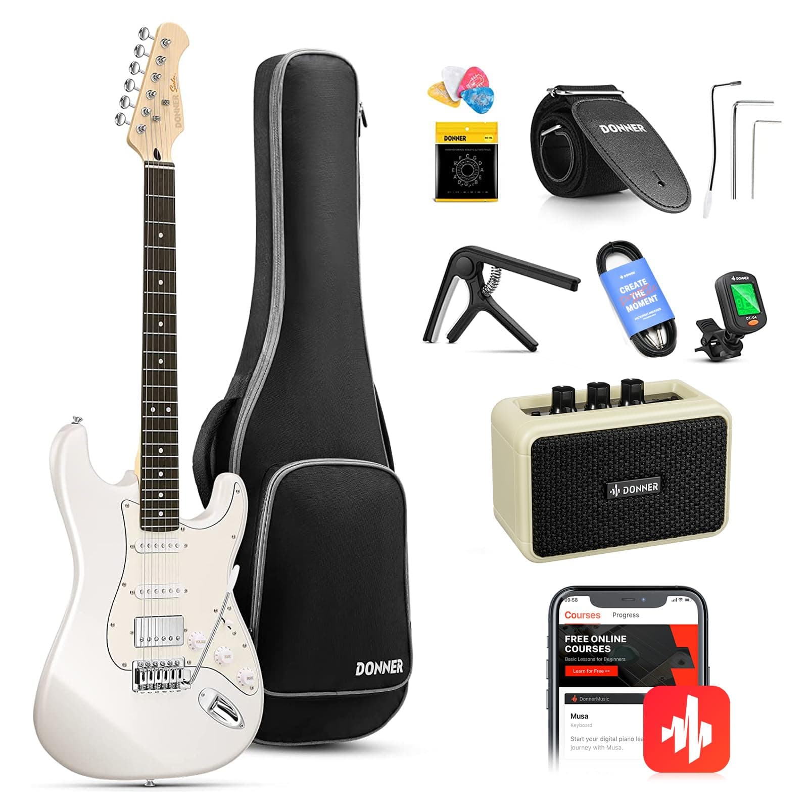 Donner Wood Electric Guitar Kit, Full Size 39 Inch Solid Body E Guitar Set with Amplifier, Bag, Capo, Strap, String, Tuner, Cable and Picks (Polar White)