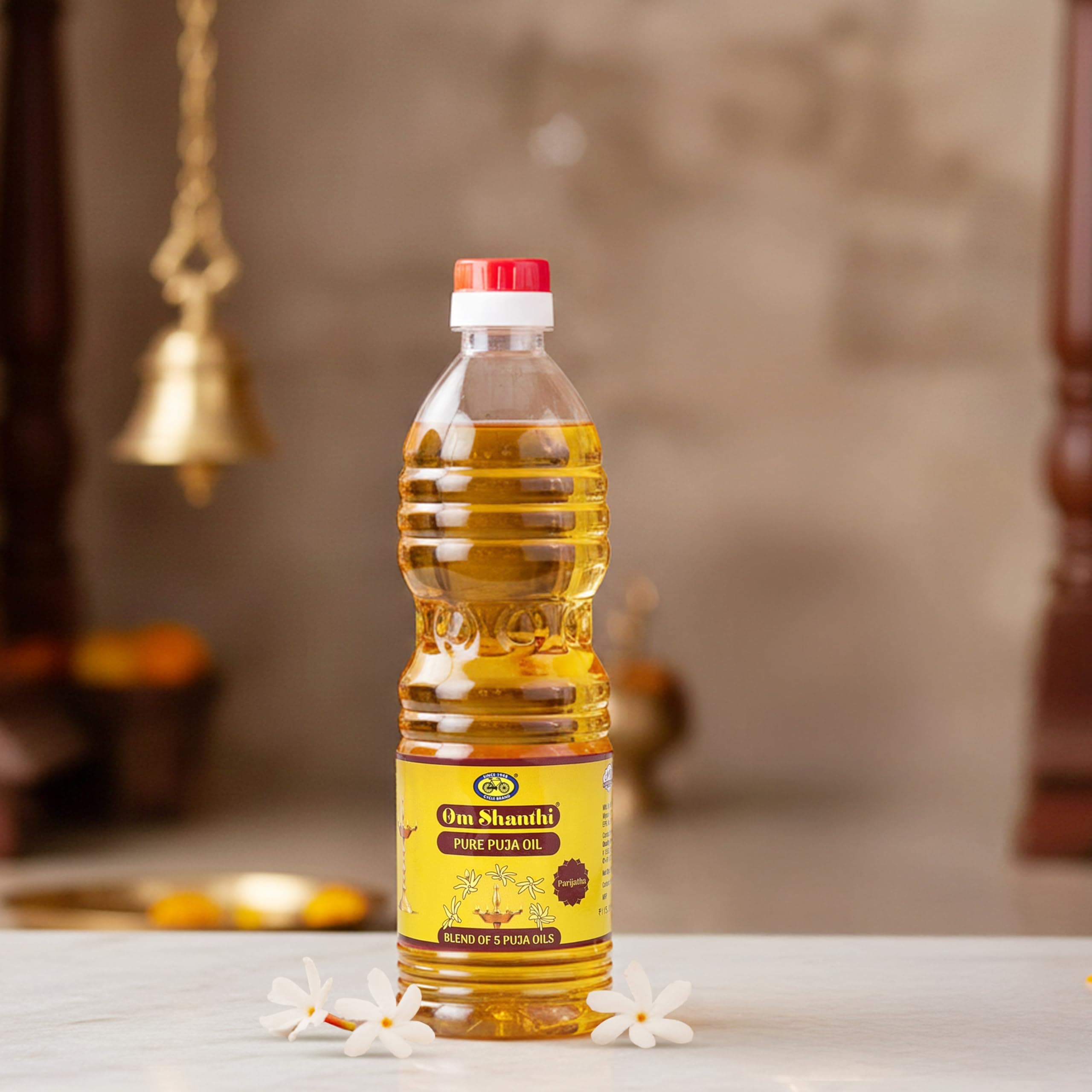 Om Shanthi POOJA MADE PURE Cycle Pure Om Shanthi Puja Oil, Blend of 5 Puja Oils with Parijata Fragrance for Daily Puja, Festivals - Pack of 1 (500ML/Pack)
