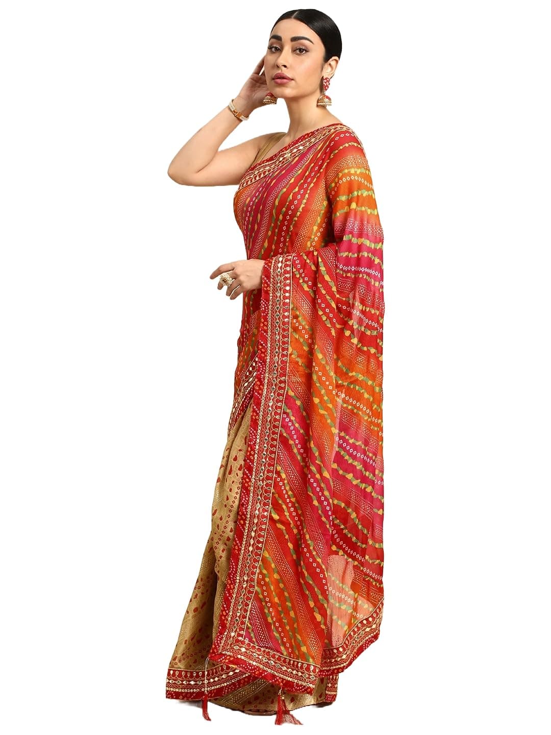 Pandadi Saree Women's Silk Bandhani Saree With Lace Border And Unstitched Blouse Piece