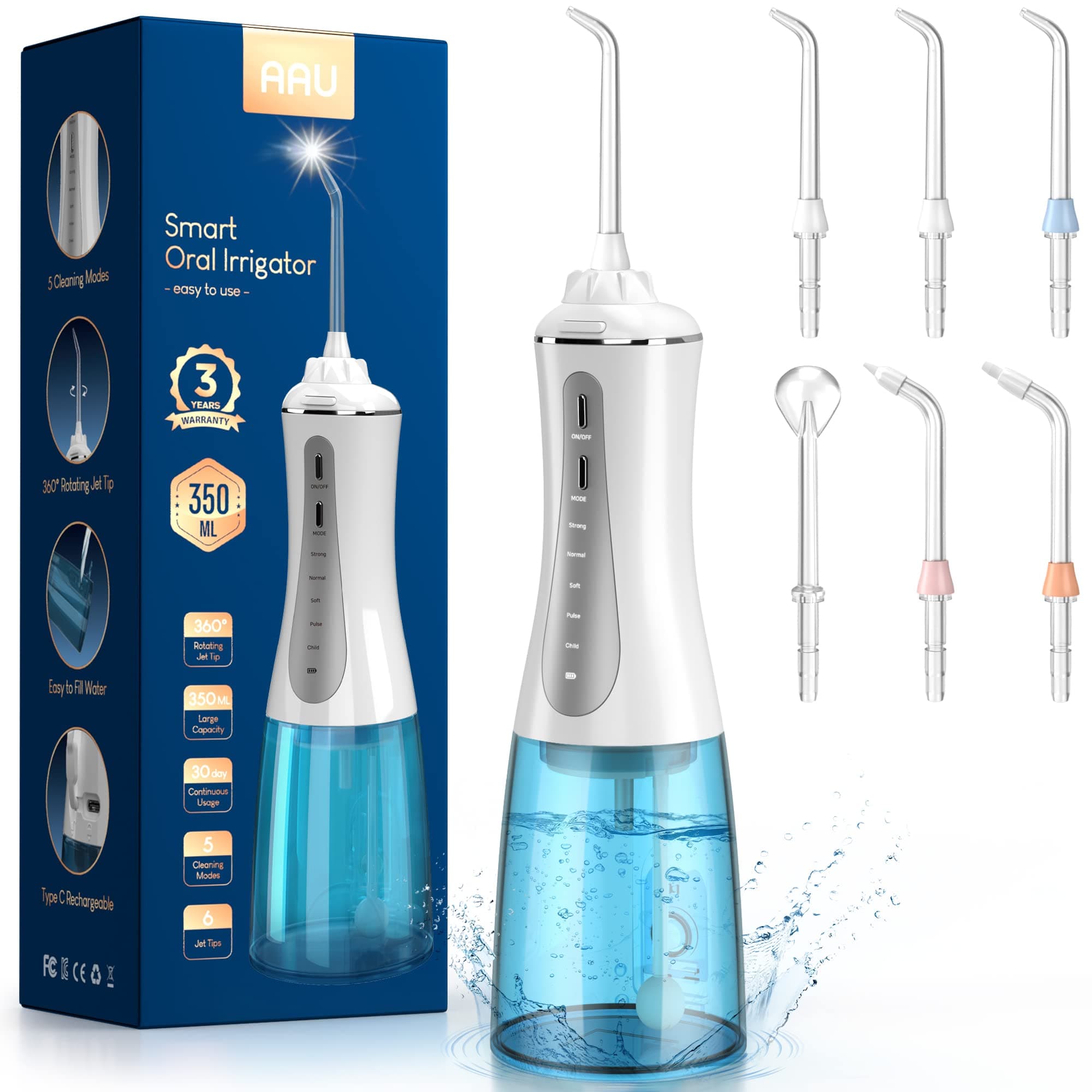 Cordless Water Dental Flosser for Teeth - Portable and Rechargeable Oral Irrigator with 350ML Tank 5 Modes 6 Replaceable Tips- IPX7 Waterproof Powerful Water Dental Picks for Travel Home Use