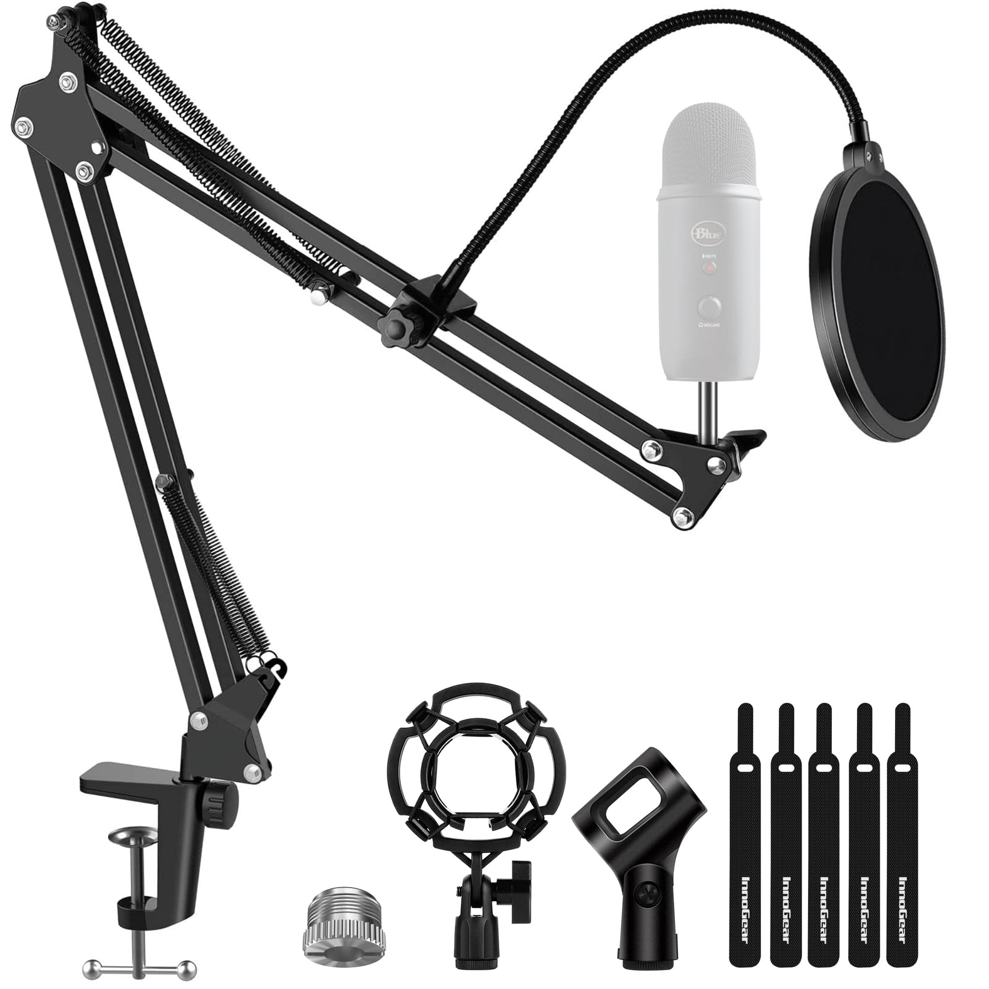 InnoGear Microphone Stand Adjustable Suspension Boom Scissor Arm Stand with 3/8"to 5/8" Screw Adapter Shock Mount Windscreen Pop Filter Mic Clip Holder Cable Ties for Blue Yeti, Snowball & Other Mic