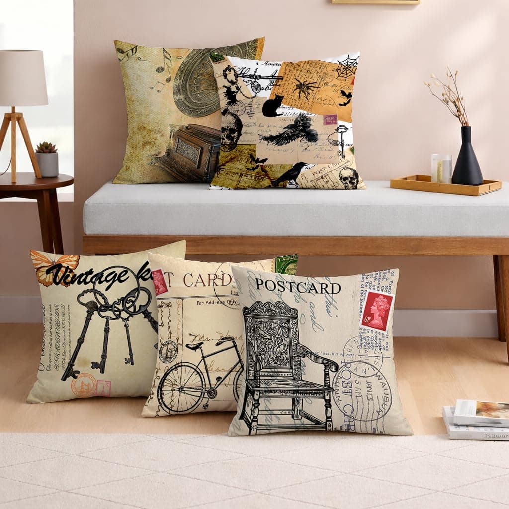 STITCHNEST Vintage Printed Jute Cushion Covers, Set of 5 (18 X 18 Inches with Filler)