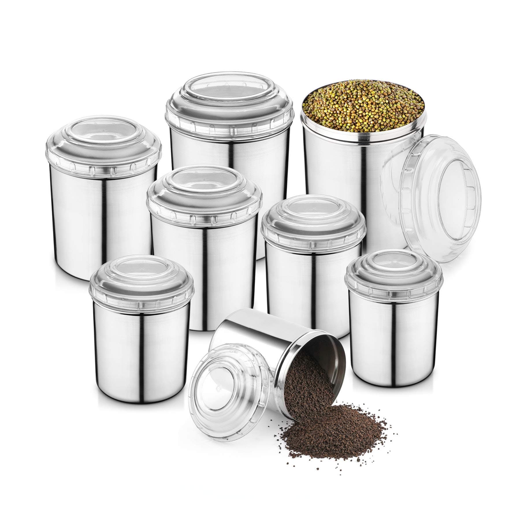 JENSONS - JEN-C8-W-027 8 PCS Stainless Steel Canister Set with White Color PC Lids -8 Pcs Set