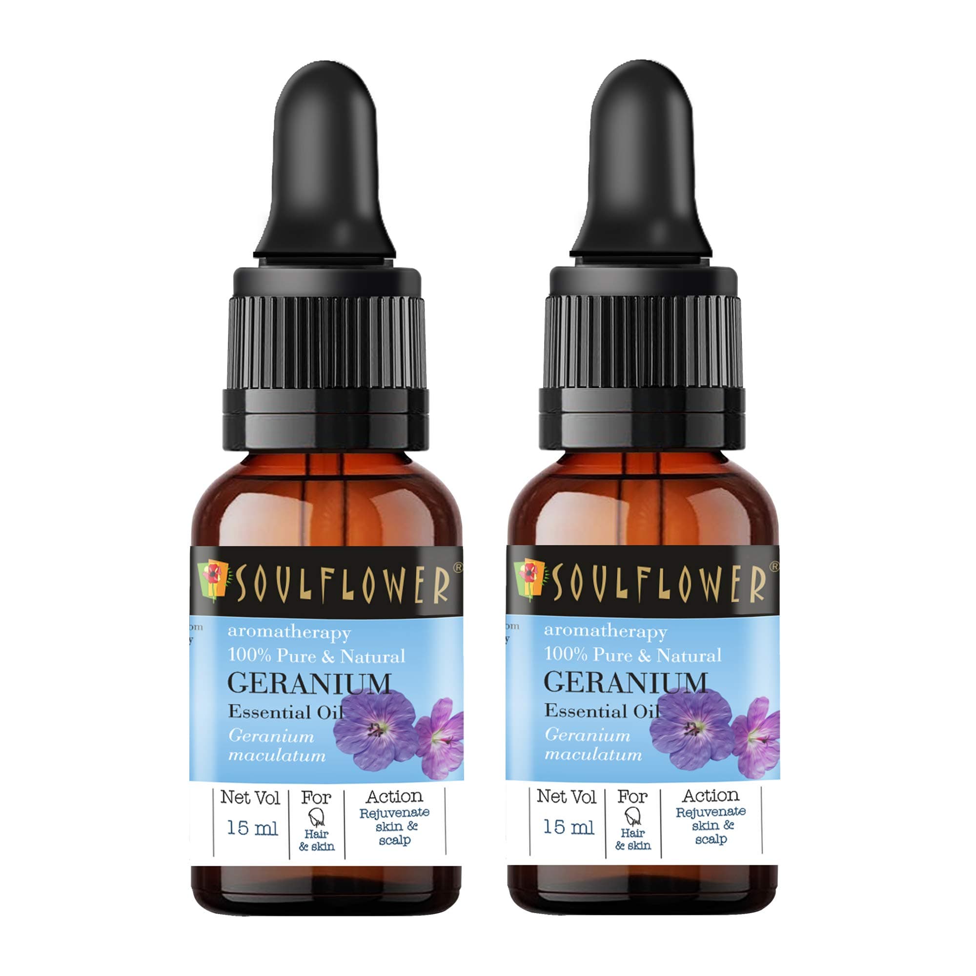 Soulflower Geranium Essential Oil for Moisturizing Hair & Skin - 100% Pure, Natural & Undiluted Essential Oil, Ecocert Cosmos Organic Certified, (Pack of 2) 15ml Each