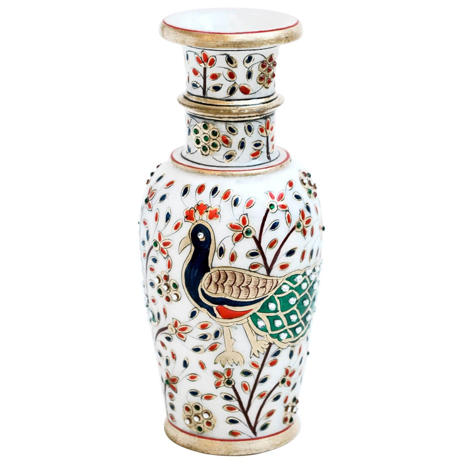 Handicrafts Paradise 6 Inch Marble Flower Vase Pot Hand Painted Peacock Design Marble Pot with Floral Artwork for Home Decor Table Centerpiece & Gift Item