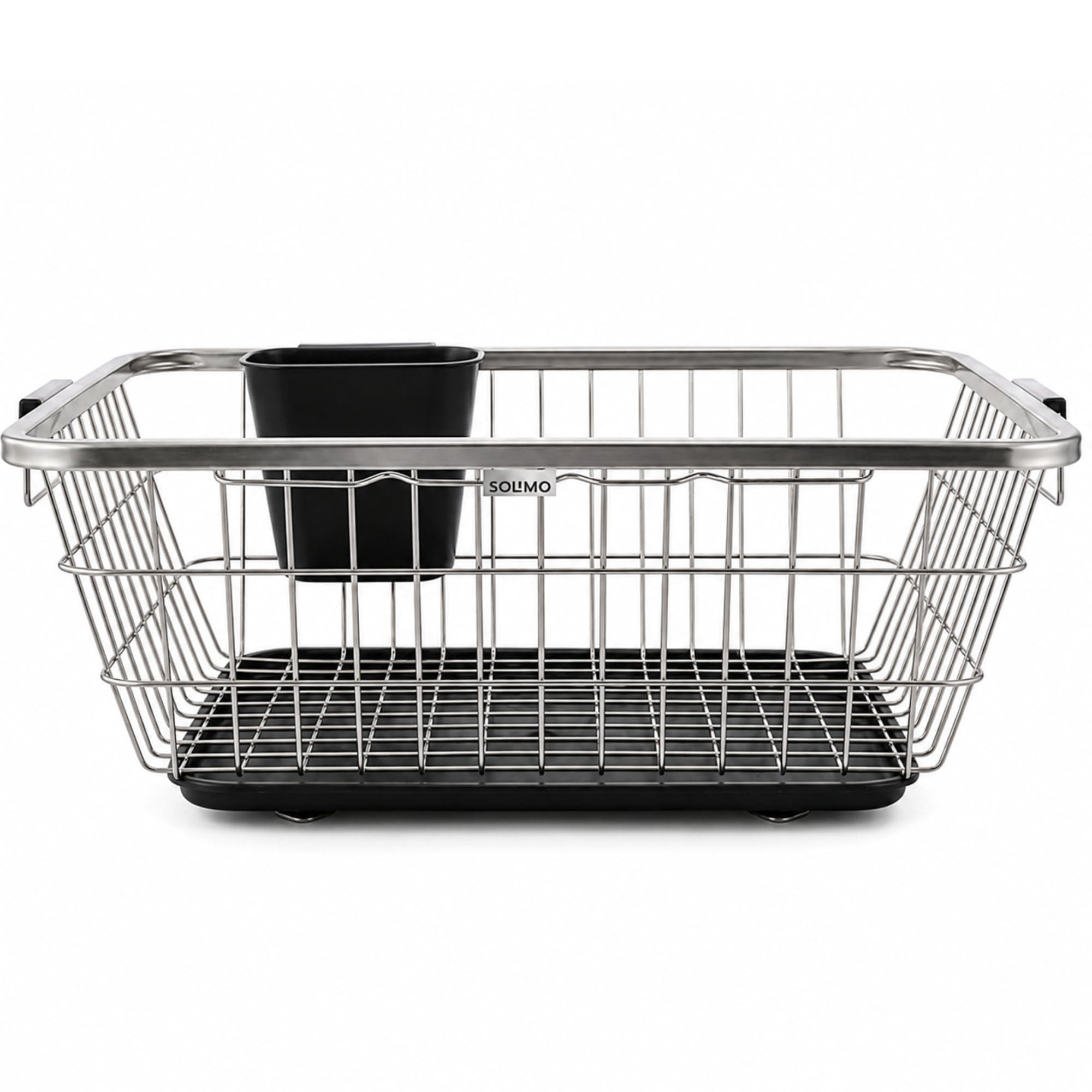 Amazon Brand - Solimo 3-in-1 | Large Stainless Steel Dish Rack with Plastic Drainer | Cutlery Holder & Handle | Utensil Basket & Kitchen Dish Drying Rack Organizer (Steel - Black)