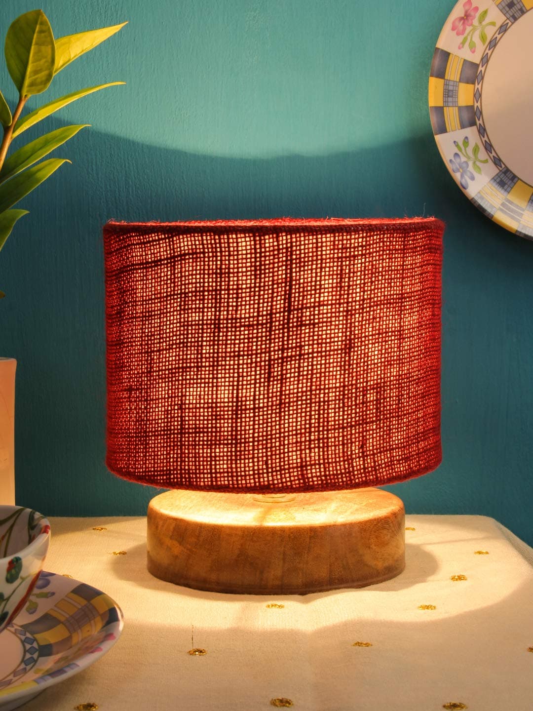 AMDHOME Jute Shade Table Lamp, Night Lamp with Wood Base (7 Inches, Color-Maroon) for Living Room, Bedroom, Home Decor Items, Bedside & Desk Side Light, Dovel Pot | Perfect for Decoration & Gifting