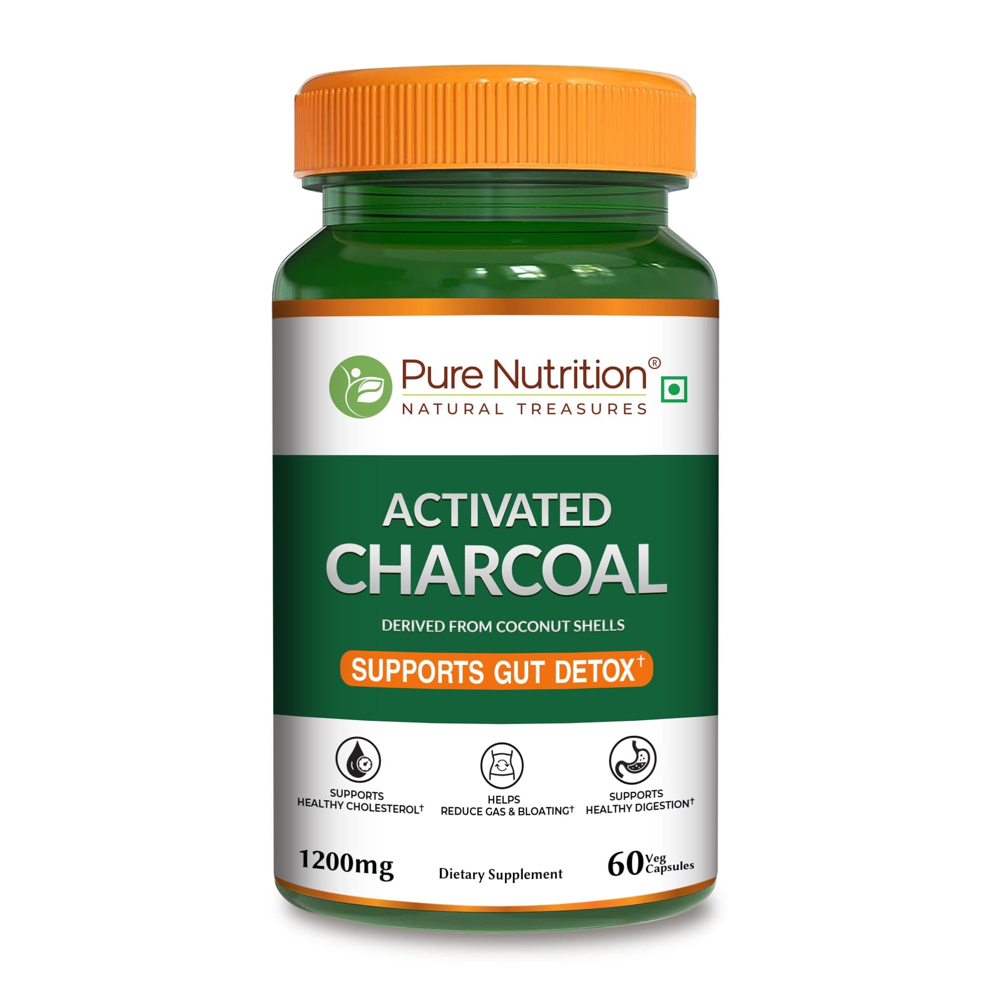 Pure Nutrition Activated Charcoal Capsules 1200mg | Activated Charcoal Powder Capsule for Natural Detox, Gas Relief, Bloating, Digestion & Gut Health Support | Coconut Shell Derived Active Charcoals Capsule | Plant Based Digestive Wellness Supplement for Men & Women – 60 Veg Capsules