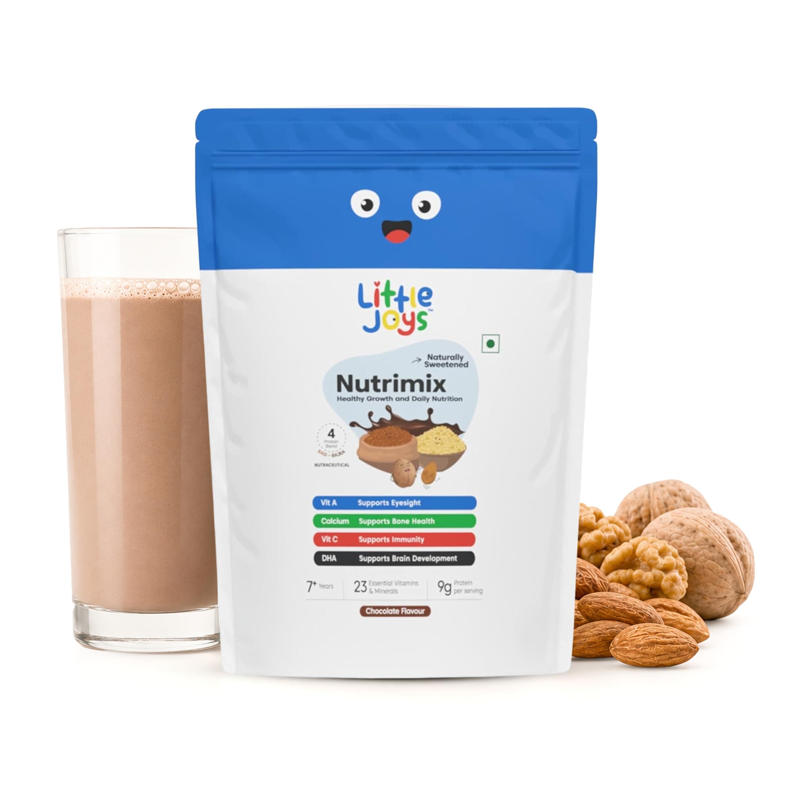 Little Joys Chocolate Nutrimix 7+ Refill Pouch (350g) | 7-12 Years | Naturally Sweetened with Jaggery & Dates | With 23 Essential MInerals & Vitamins | 9g Protein per Serving | Supports Development & Overall Health | With Ragi, Bajra, Almonds & Oats | Chocolate Flavour Nutrition Drink Powder