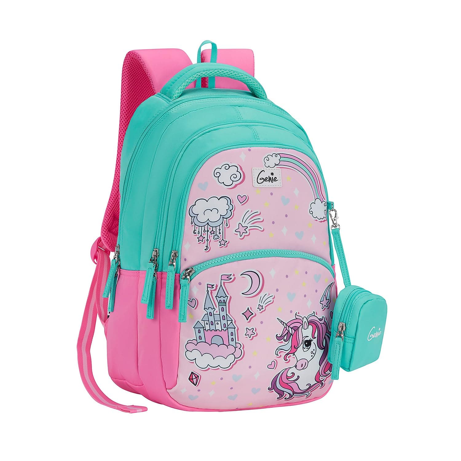 Genie Stardew School Backpack for Girls |17 In-27 Ltr with Three Compartments, Side Pockets and Light Weight with Padded Shoulders |Best for Books,Stationery, Lunch Box & Essentials - Pink