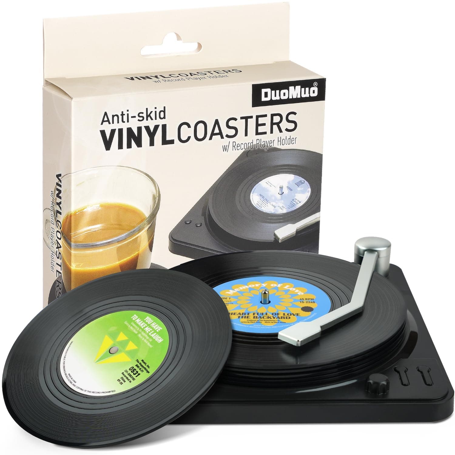 Funny Retro Vinyl Record Coasters for Drinks with Vinyl Record Player Holder for Music Lovers,Set of 6 Conversation Piece Sayings Drink Coaster,Housewarming Hostess Gifts, Wedding Registry Gift Ideas