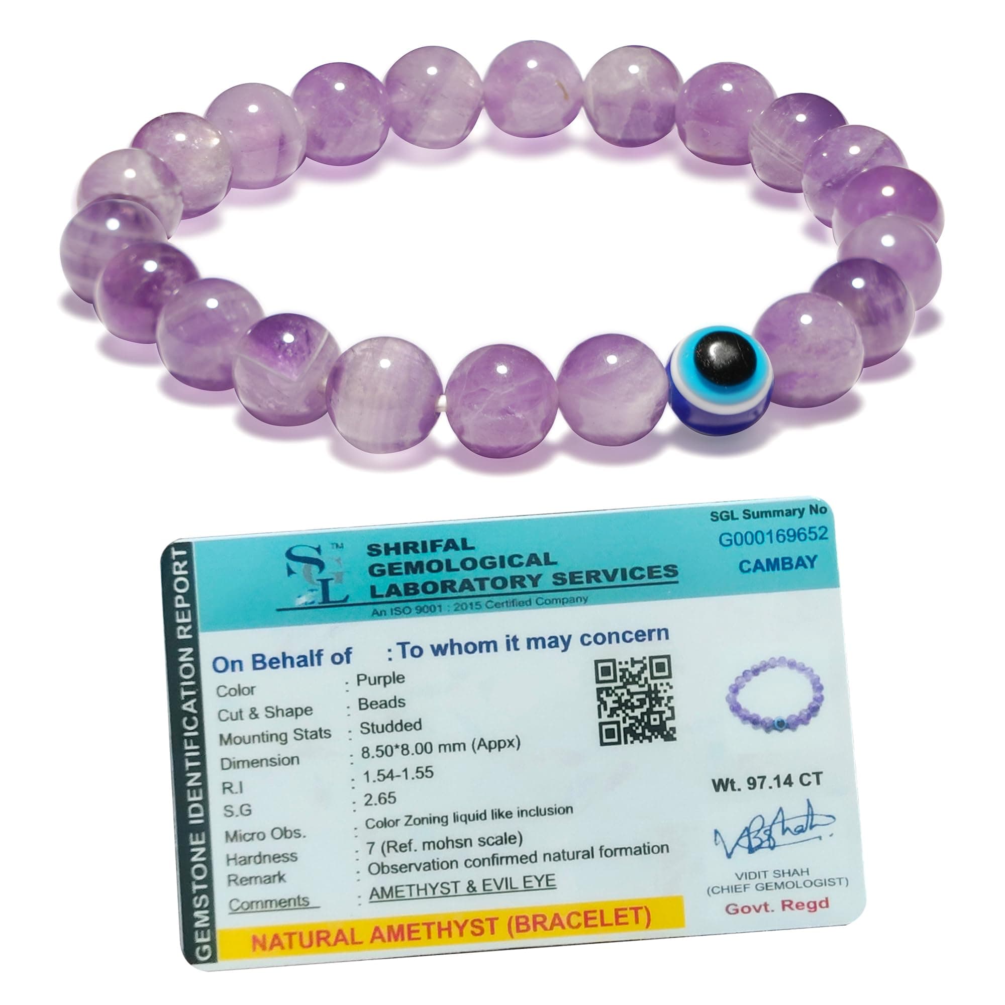 SOLAVA Original Amethyst Bracelet for Woman and Man with Evil Eye and Lab Certificate - Natural Energised Purple beads Bracelet, Evil Eye Bracelet for Protection, Healing and Mental Peace - 8MM Beads