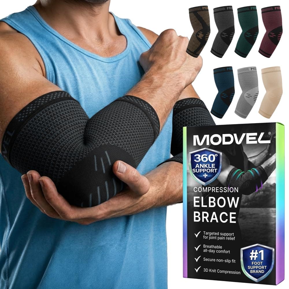 MODVEL Elbow Brace - Compression Support Sleeve for Joint Pain Relief, Recovery, Tendonitis, Tennis & Golfer's Elbow - Workout & Weightlifting Arm Wrap - One Size Fits All, For Men & Women - 1 Pair
