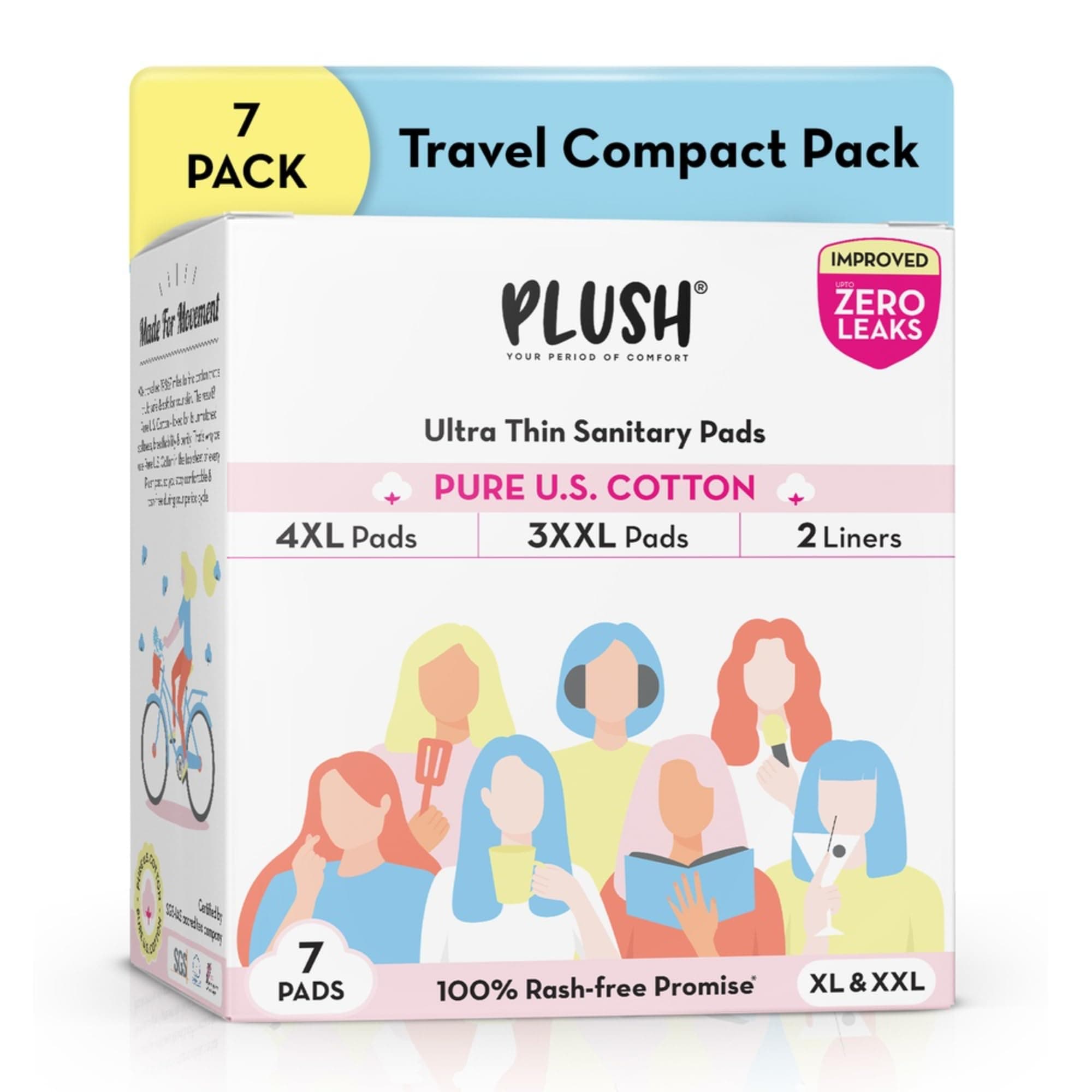 Plush Ultra-Thin Sanitary Napkins for Women, 7 Pcs | 4 XL Pads (Light-Medium Flow), 3 XXL Pads (Heavy Flow), 2 Panty Liners | 100% Rash-Free | Pure U.S. Cotton Sanitary Pads | No Fragrance | No Toxic-Chemicals
