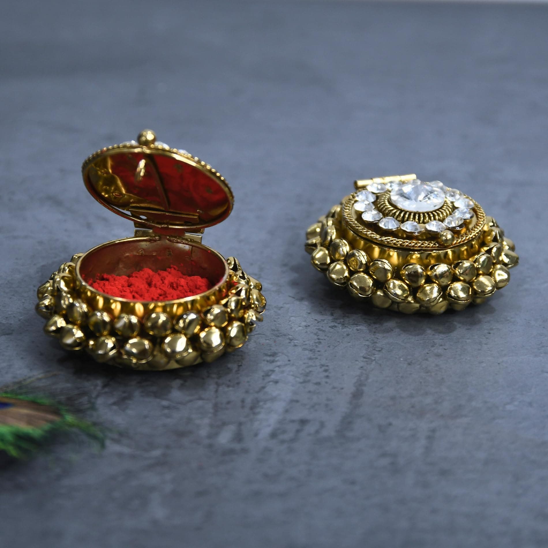 Lushure exquisite Gold Plated Kundan/Stone Studded Sindoor Daani with Ghunghroo Decorative Kumkum Box for Pooja, Wedding, & Festive Gifting | Elegant Kumkum Dabbi for Women