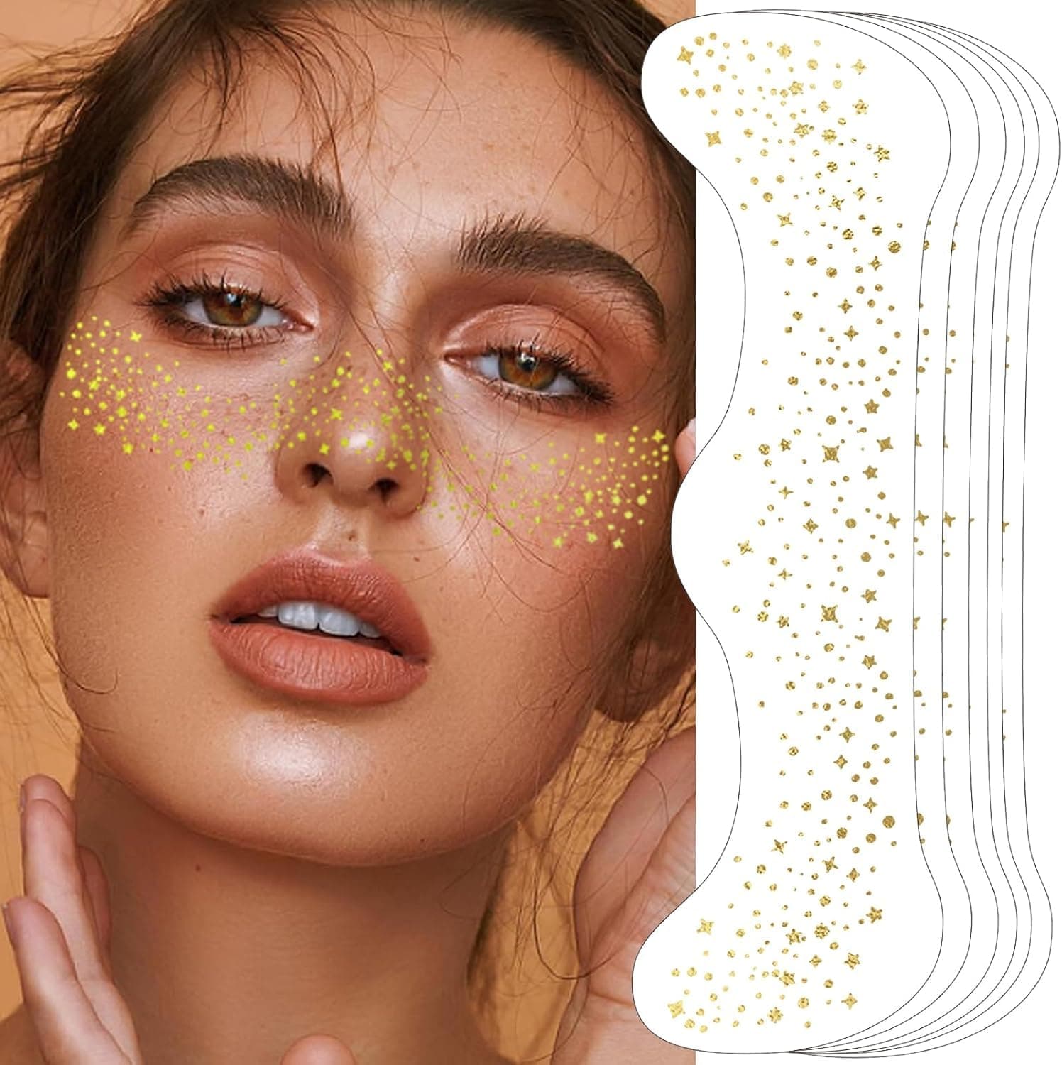 DAZZLIQ 6 Pcs Temporary Gold Glitter Freckles Face Stickers | Waterproof Cosmetic Glitter for face Makeup Patches Tattoo | Face Glitter Makeup Glow Up Makeup Patches for Women, Face Stickers Ideal for Festivals, Parties