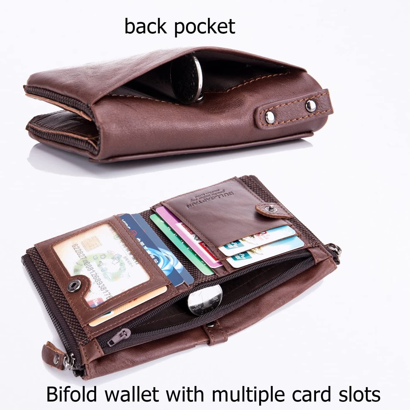 BULLCAPTAIN Genuine Leather Wallet for Men Vintage Bifold Double Zipper Coin Purse