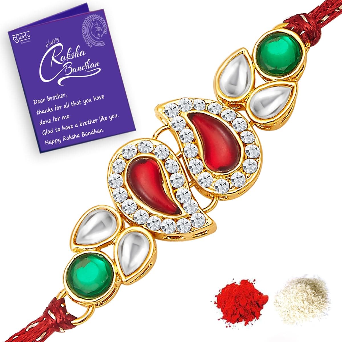 Sukkhi Rakhi Dainty Kundan Designer Gold Plated Premium Rakhi for Brother With Roli Chawal & Greeting Card | Rakhi for Bhaiya | Rakhi for MEN | Kundan Rakhi | (RAK73479)
