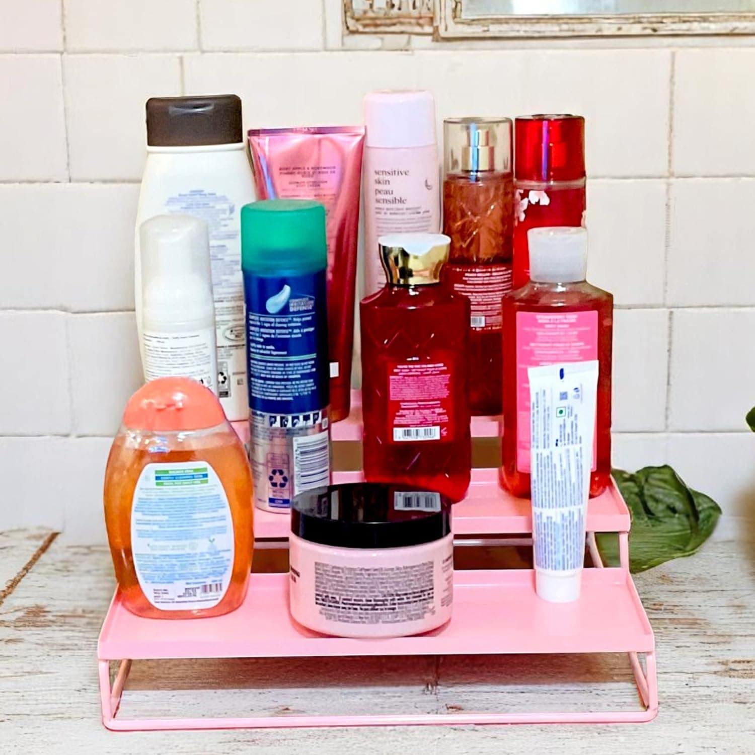 Go Hooked Metal Standing Rack 3-Tier Countertop Organizer | Spices Organizer | Bathroom Essentials | Vanity Storage | Decorative Use | Cosmetic Makeup Storage (Pink) Pack of 2