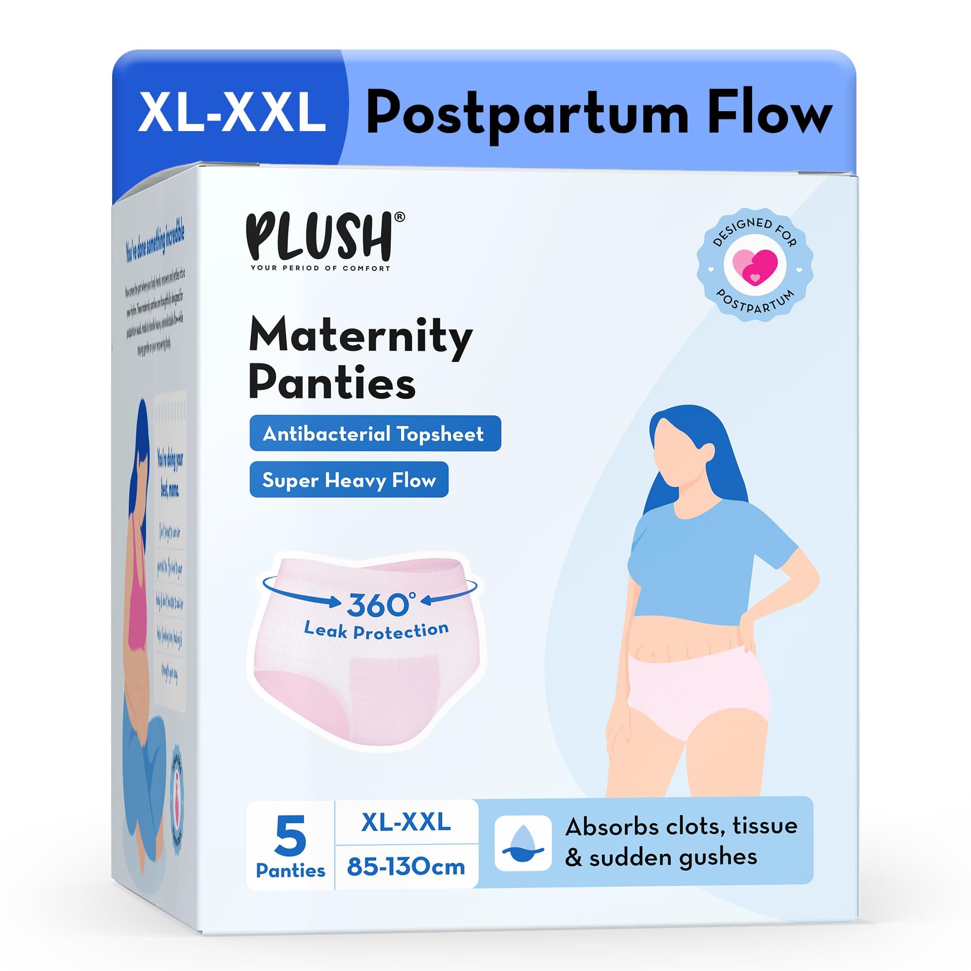 Plush Maternity Panties after Delivery XL-XXL (85-130CM) | Pack of 5 | 360° Coverage | Absorbs Heavy Flow | Antibacterial Topsheet | Soft Stretch Fit | Rash-Free Comfort