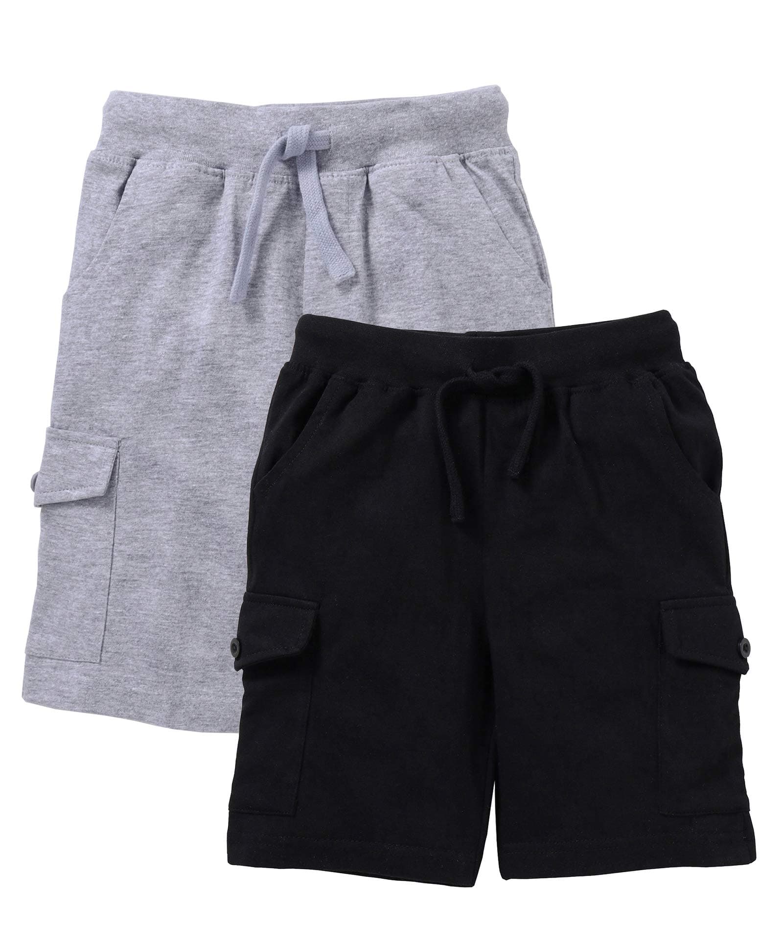 KiddoPanti Boy's Solid Knit Cargo Shorts Pack of 2, Black & Bleach Melange, 4-6Y