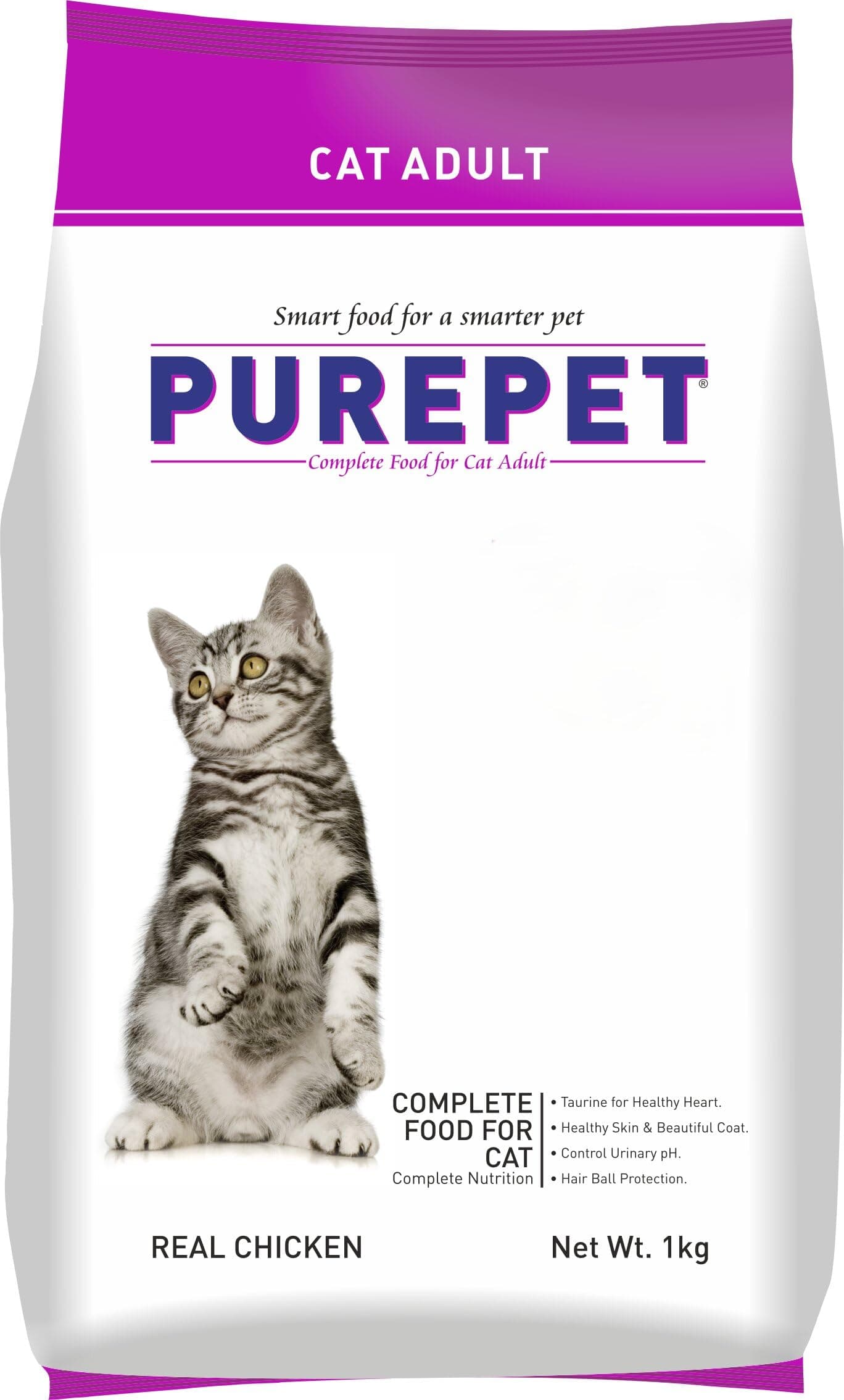 Purepet Adult Dry Cat Food 1kg Pack | Real Chicken Flavour | Prevents Hairballs | Supports Cardiac Function | Promotes Skin Wellness | Enriched with Taurine