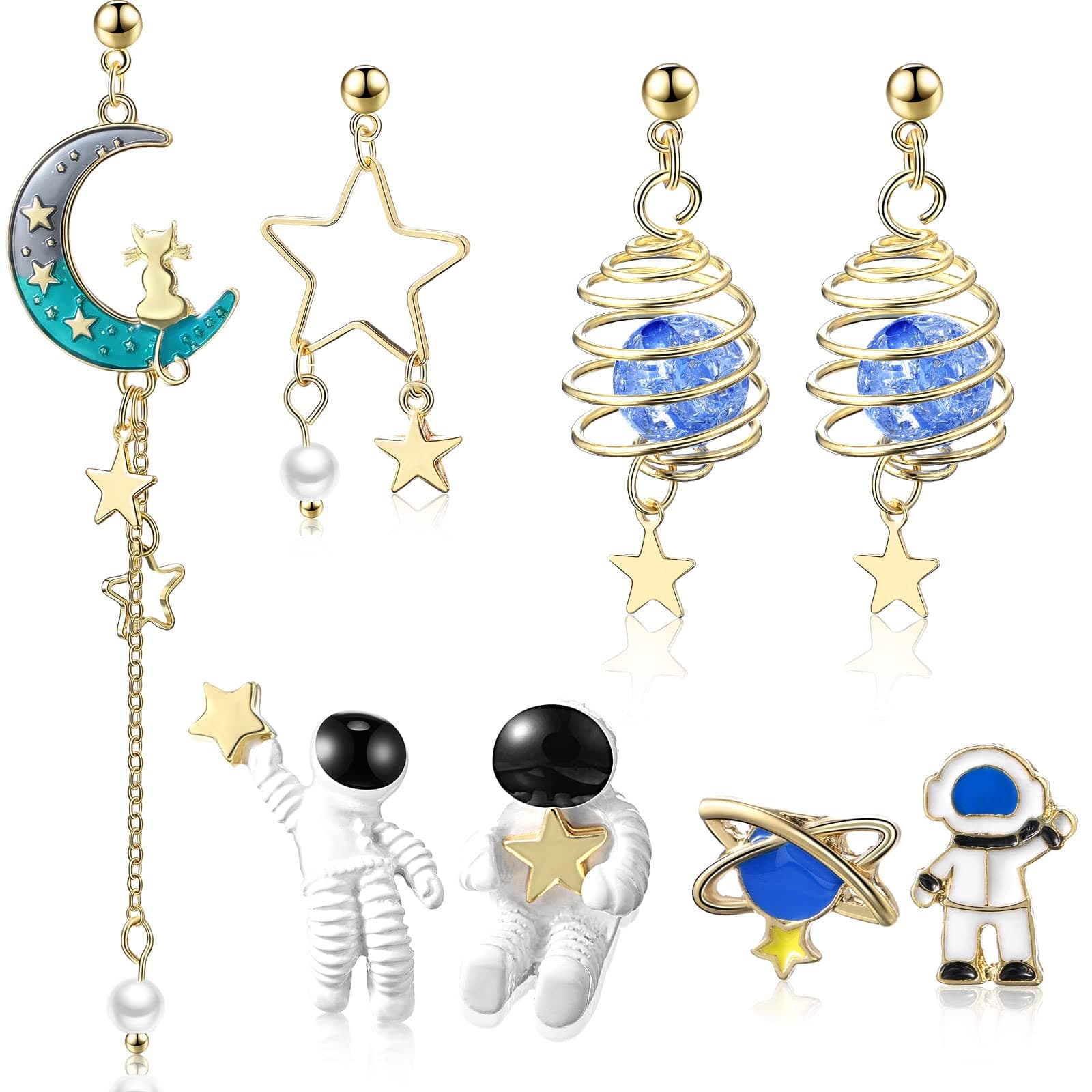 Hicarer 4 Pairs Space Accessories, Astronaut Earrings for Women, Small, Metal