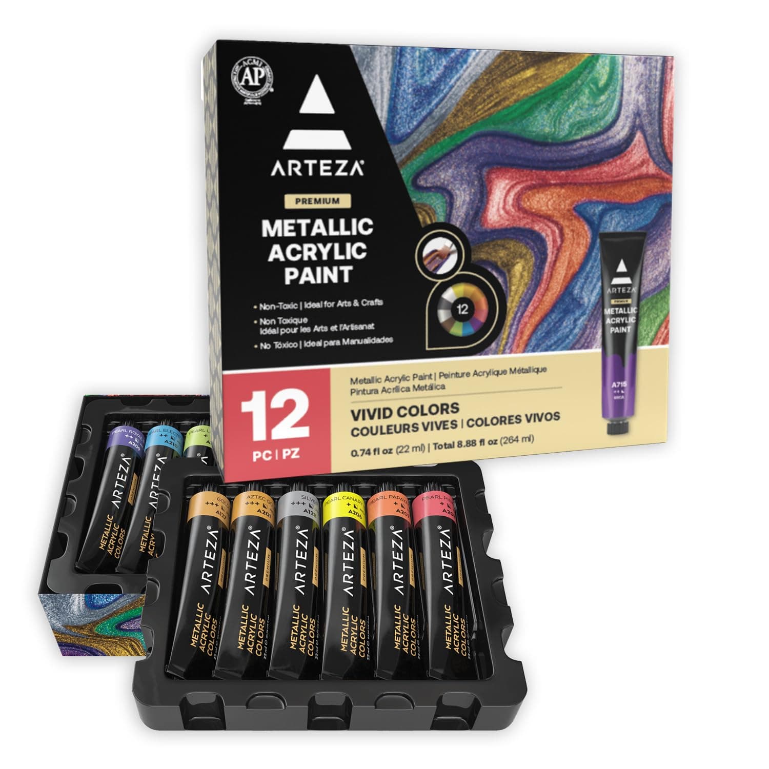 ARTEZA Metallic Acrylic Paint, Set of 12 Colors/Tubes (0.74 oz., 22 ml) with Storage Box, Rich Pigments, Non Fading, Non Toxic Paints for Artist & Hobby Painters, Ideal for Canvas Painting