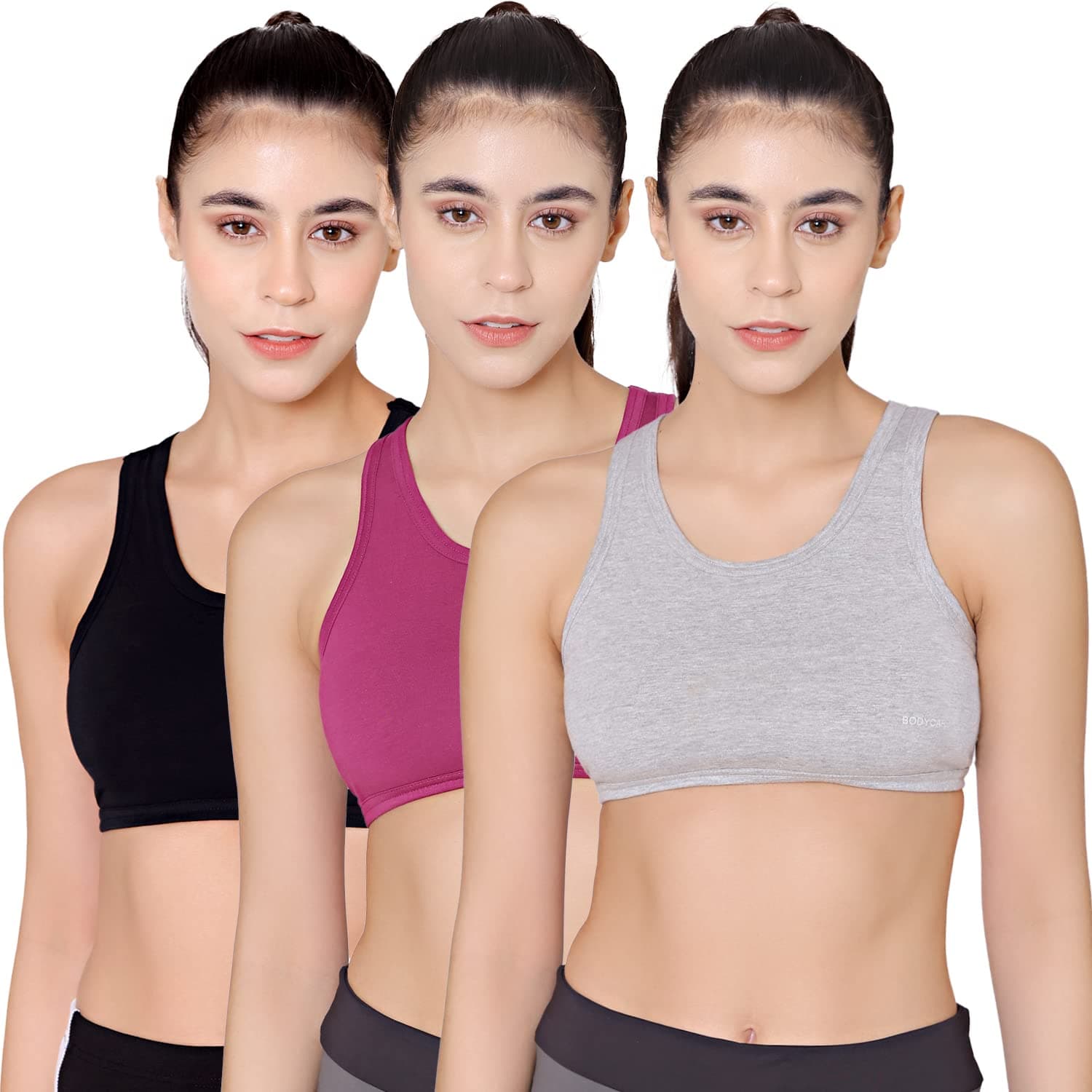 BODYCARE Women's Cotton & Spandex Non Padded Non-Wired Sports Bra (Pack of 3) (E1610GRYBWI-34B_Grey Black & Wine_34)