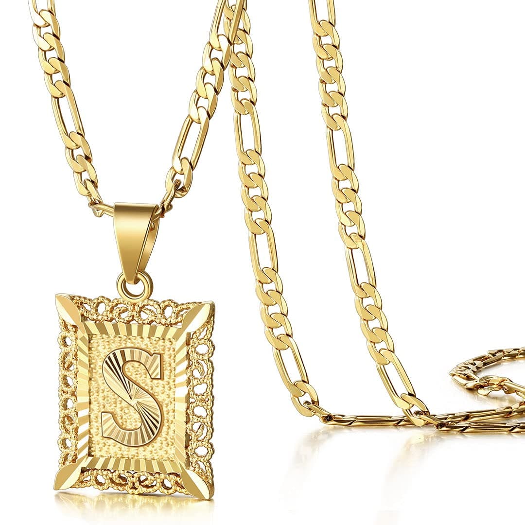 KissYan Initial Letter Pendant Necklace for Men Women 18K Gold Plated Square Capital Monogram Necklace A-Z Figaro Chain Necklace Alhpabets, Stainless Steel, Cubic Zirconia, Stainless Steel, Cubic