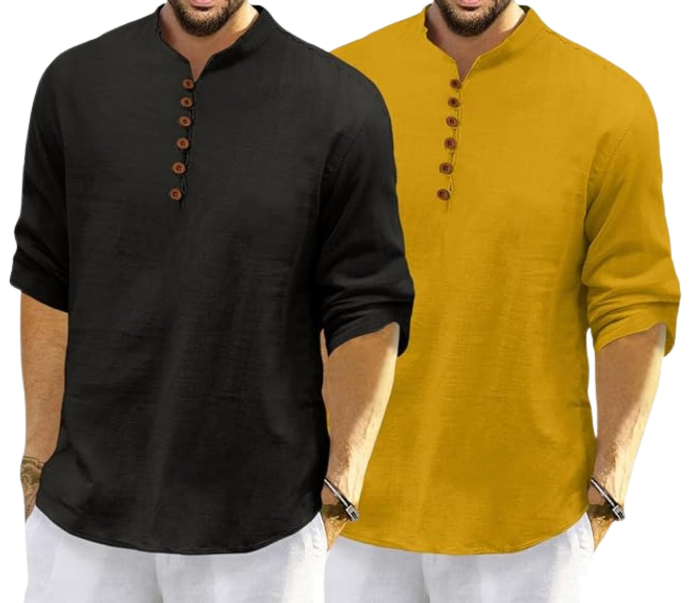 FINIVO FASHION Combo of Men’s Casual Full Sleeve Kurta Style Shirt with Button Placket, Lightweight Breathable Fabric, Regular Fit Ethnic Fusion Wear for Daily & Festive Use Pack of 2