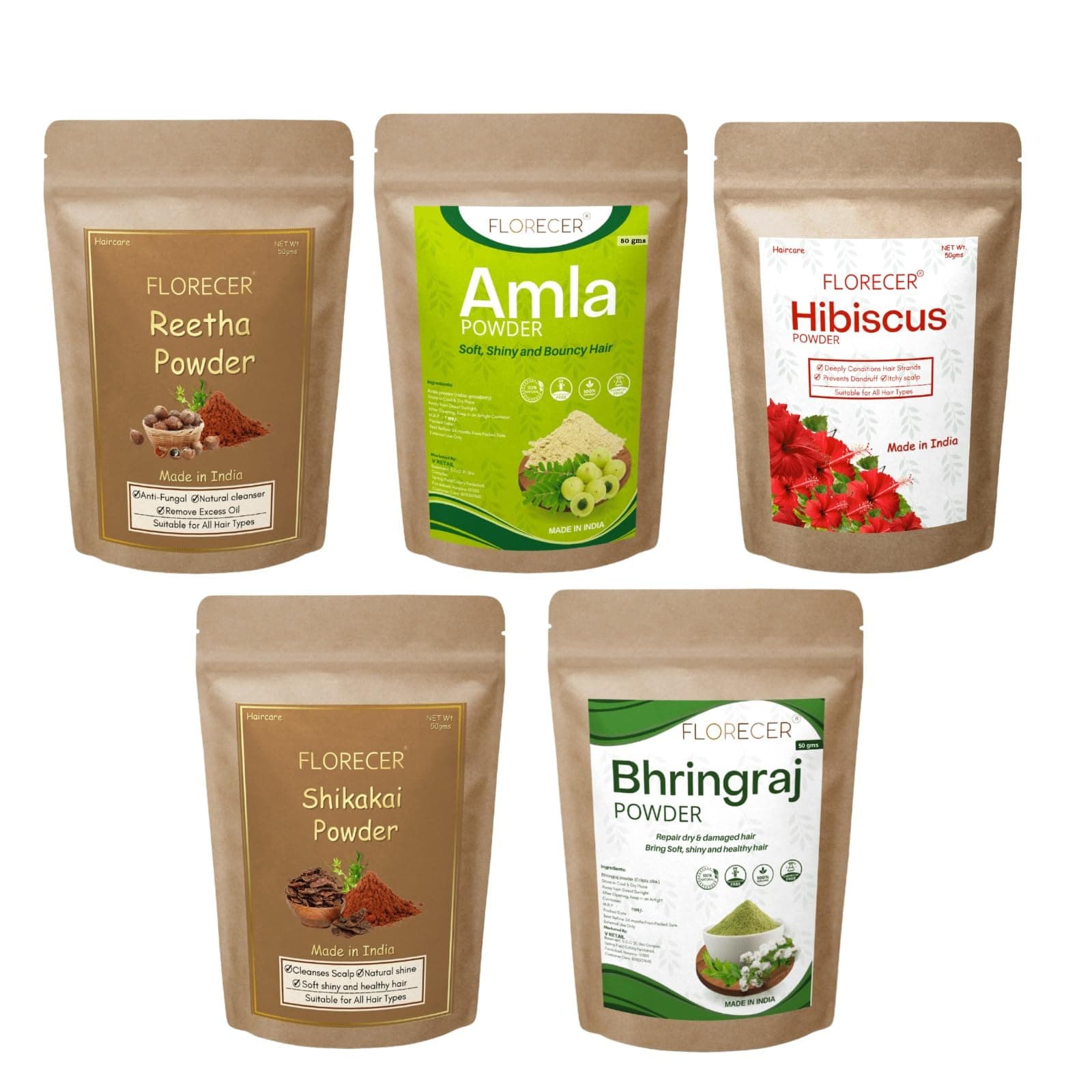 Florecer Amla Reetha Shikakai, Bhringraj and Hibiscus Powder for Hair (Pack of 5, 50g each, Total 250g Pack), All, 5 Count
