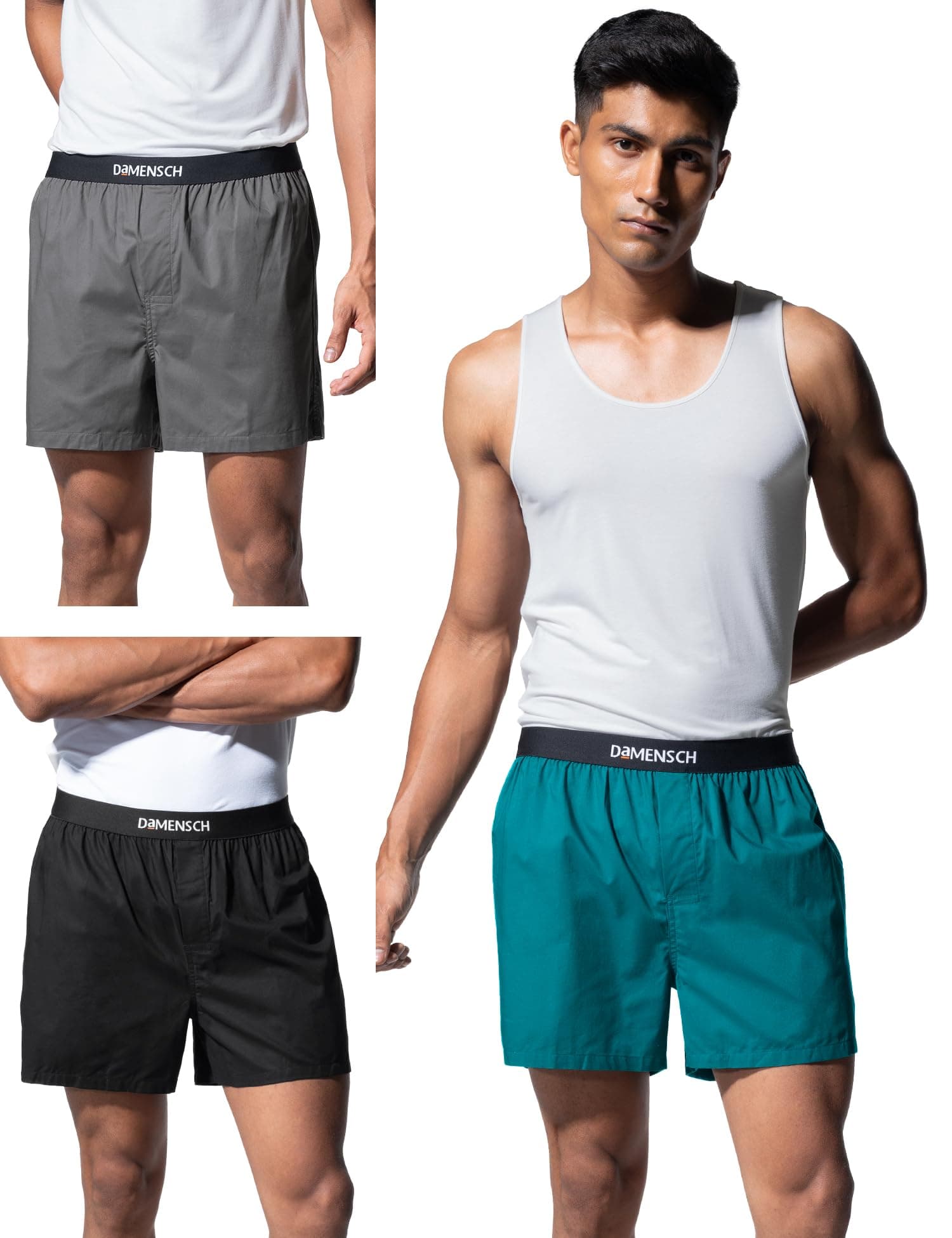 DAMENSCH Regular Fit 100% Cotton Inner Boxers Soft & Durable Fabric Side Pocket Microfiber Waistband Breeze Ultra-Light Solid Inner Boxers for Men Pack of 3 -Cape Black,Havana Blue,Las Grey -2XL