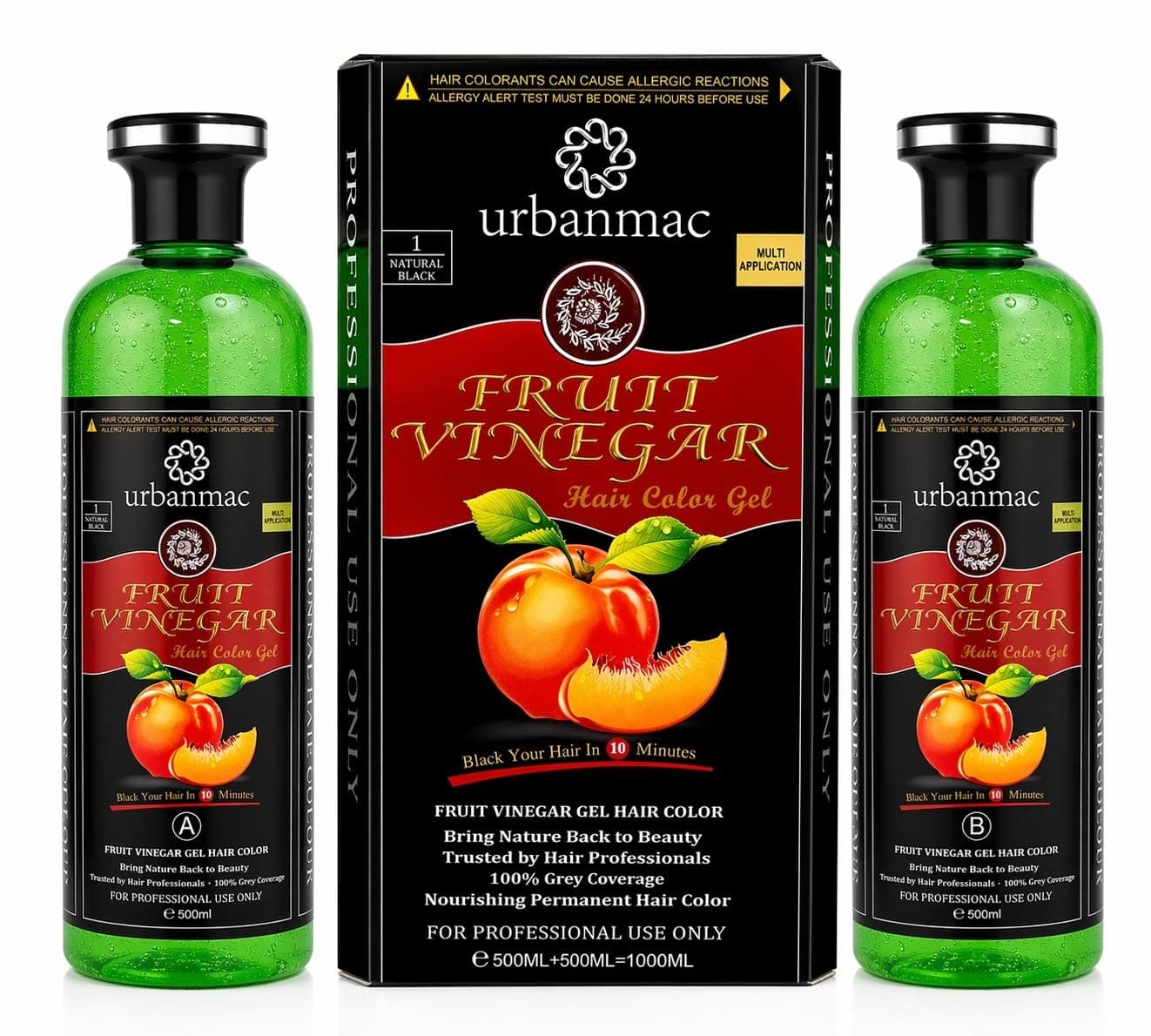 URBANMAC Fruit Vinegar Gel Hair Color | Natural Black Hair Dye | No Ammonia | 100% Grey Hair Coverage | Long Lasting Hair Colour for Men & Women | Professional Hair Colour Gel | 500ml x 2