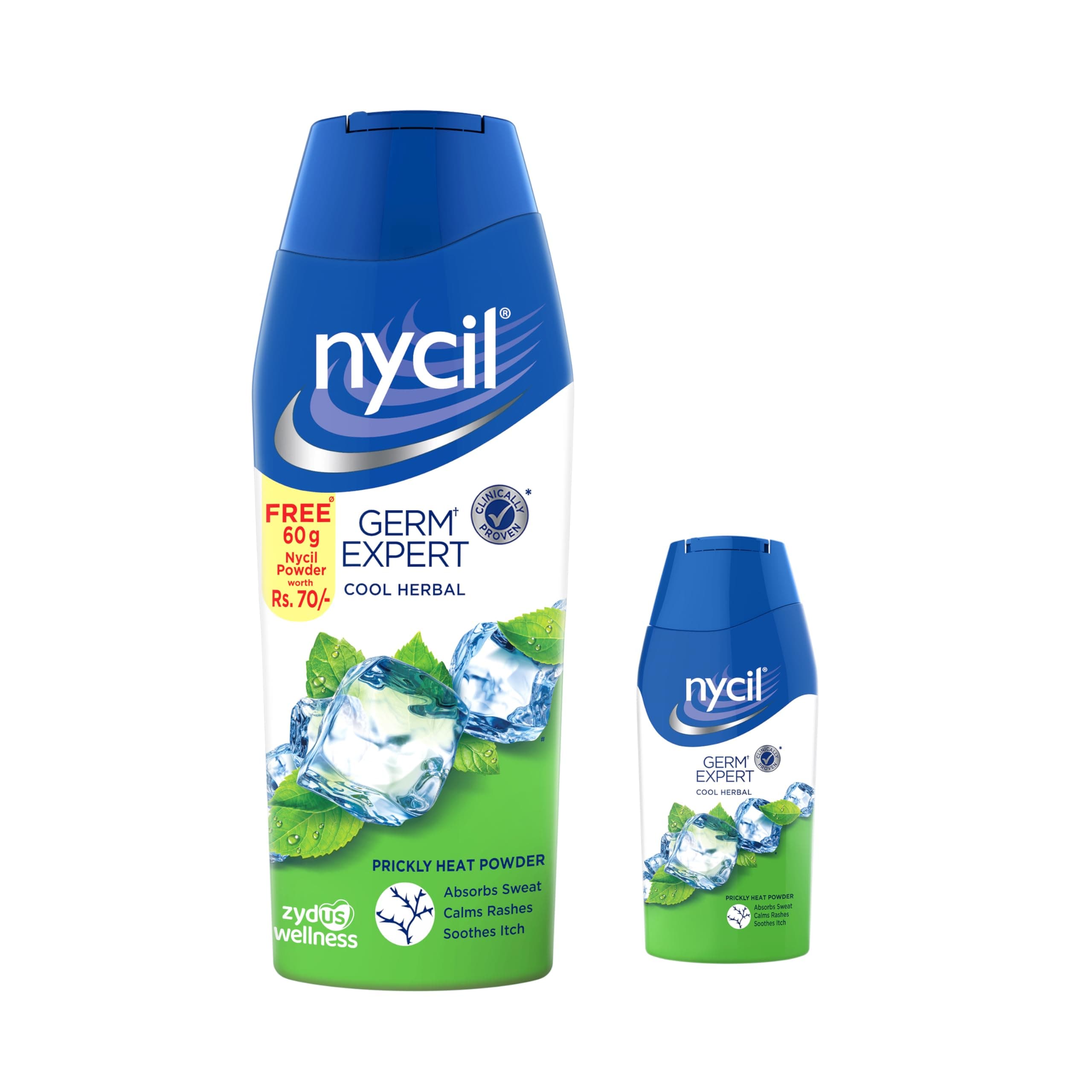 Nycil Germ Expert Cool Herbal Prickly Heat Powder, Clinically Proven Anti-Bacterial Formula with Neem Oil to Absorb Sweat, Calm Rashes and Soothe Itch for Summer Skin Relief, 150g + 60g Free