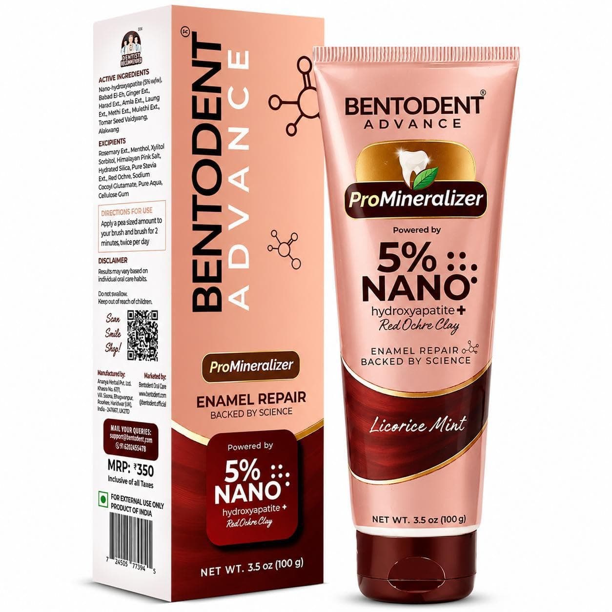 Bentodent Advanced Toothpaste Promineraliser with 5% Nano Hydroxyapatite, Enamel Repair & Sensitivity Protection, Fluoride & SLS-Free, Licorice Mint Toothpaste for Strong Teeth & Fresh Breath,100g