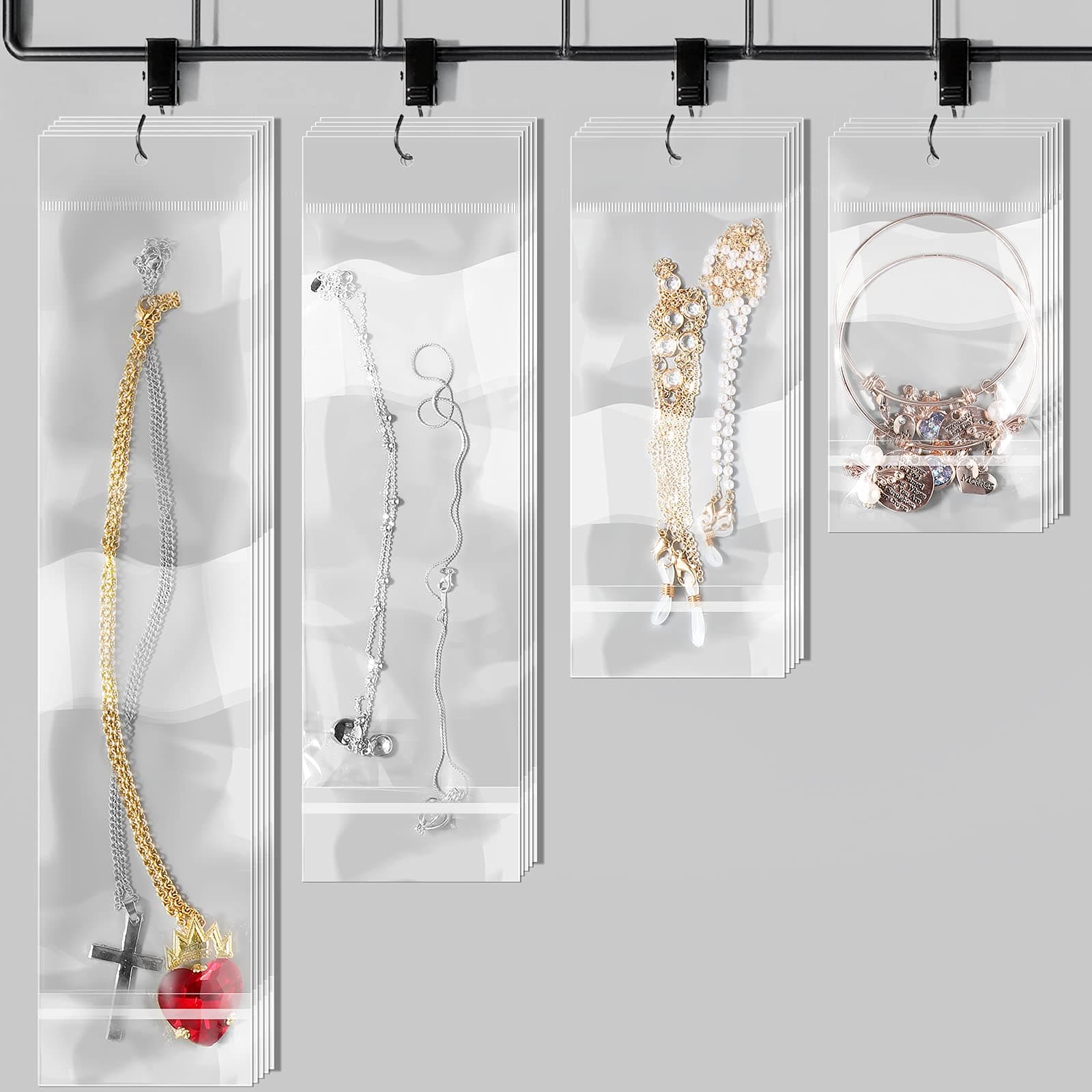 4 Size Clear Hanging Bags, Resealable Bag, Self-Sealing Bag with Hang Hole for Packaging Necklaces, Earrings, Jewelry, 3 x 4 Inch, 3 x 6 Inch, 3 x 8 Inch, 3 x 12 Inch (400 Pieces)