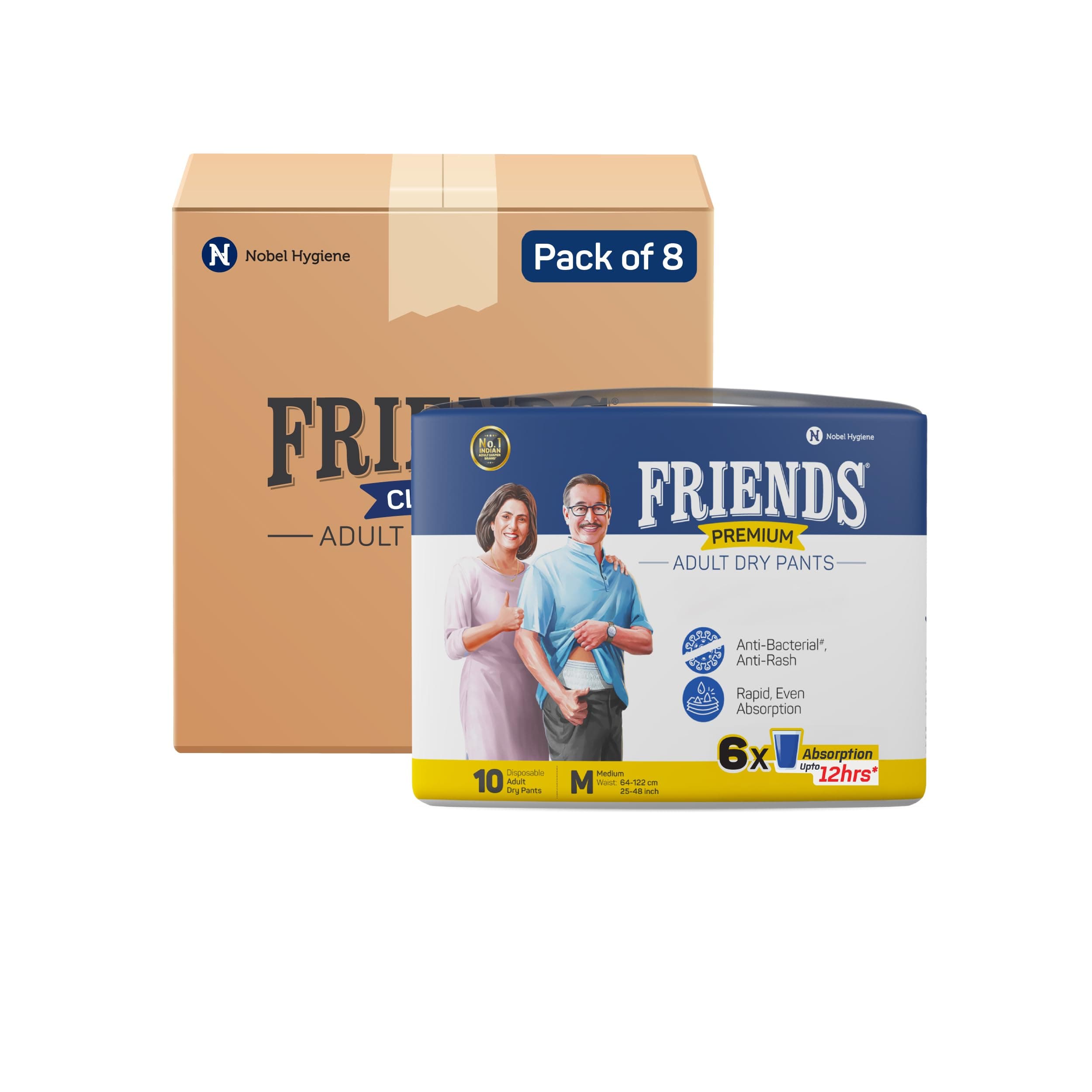 Friends Premium Adult Diapers Pant Style | 80 Count (Medium) | Waist 25-48 inch; 63.5-122 cm with odour lock | Unisex | Leakproof | Elastic Waist and Anti-Bacterial Absorbent Core