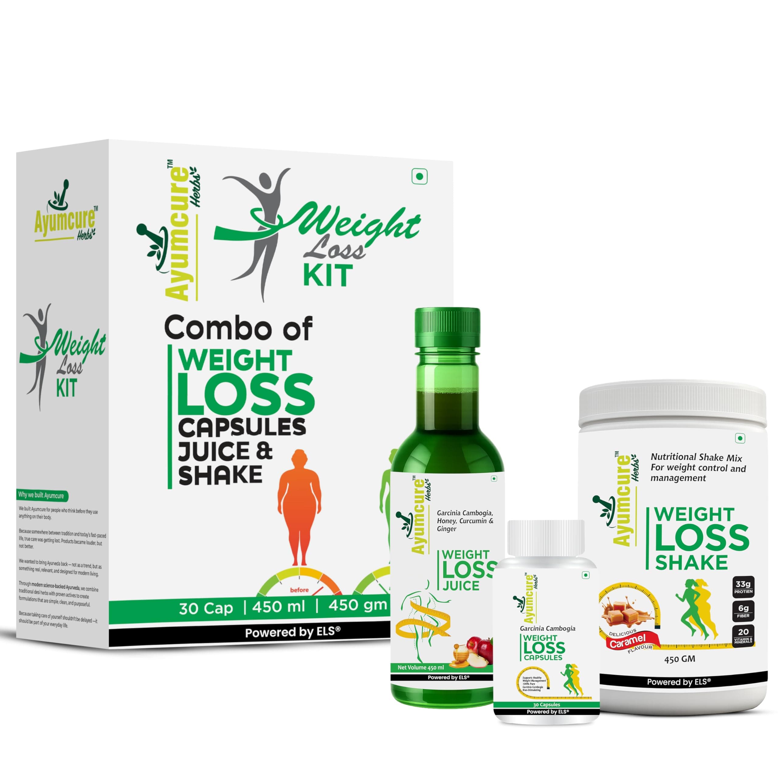 Ayumcure SlimSmart 3-in-1 Weight Loss Kit – 30 Capsules, 450ML Herbal Juice & 450G High-Protein Shake | Metabolism Boost System & Complete Fat Burn | For Men & Women