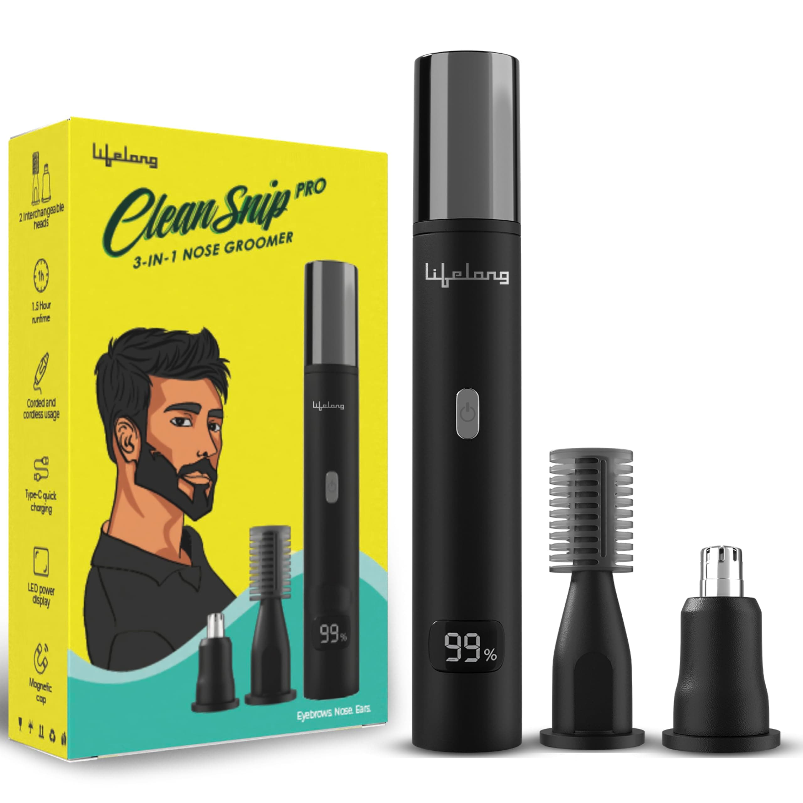 Lifelong 3-in-1 Nose, Ear & Eyebrow Hair Remover & Trimmer for Man & Women | 2 Easy to Wash Heads | Type-C Rechargeable Portable Painless Dual Edges Blades, 1.5Hr Runtime, LED Display, Corded Use