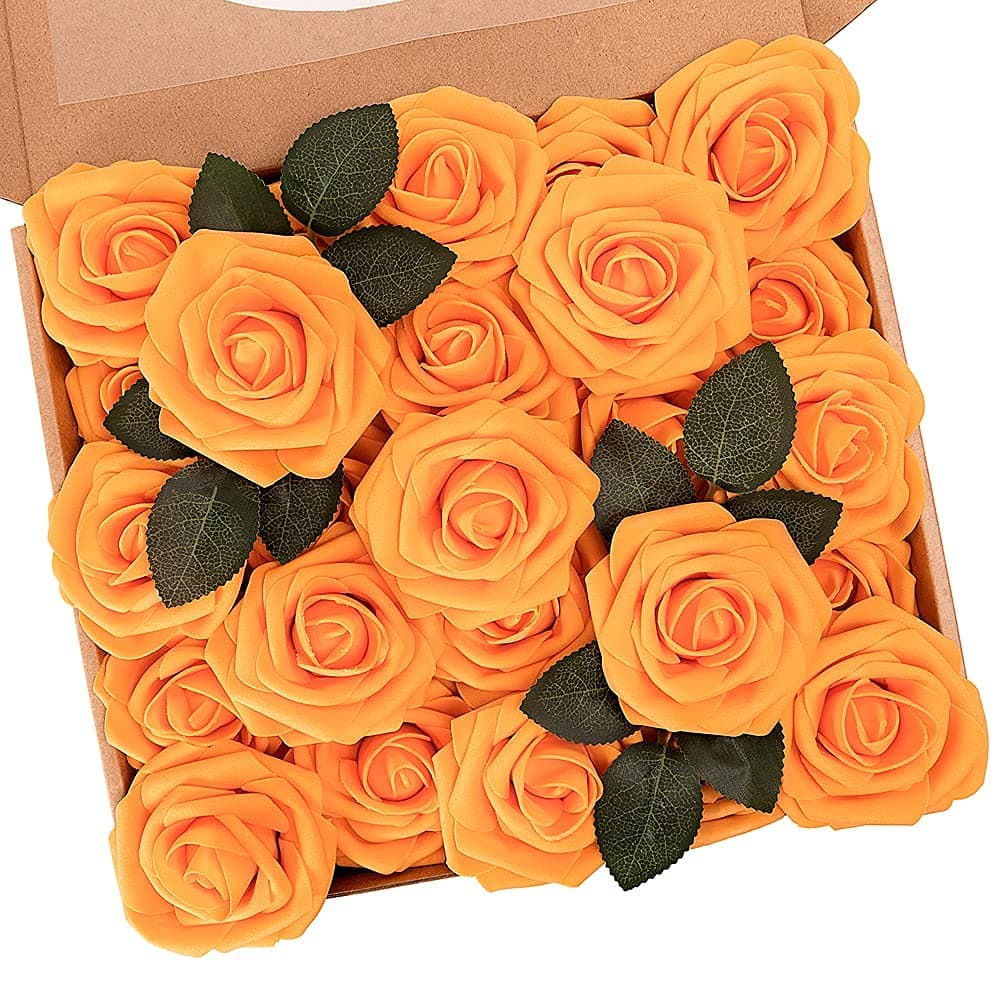 N&T NIETING Artificial Flowers, 25pcs Orange Fake Flowers Decoration DIY for Wedding Bridesmaid Bridal Bouquets Centerpieces, Party Decoration, Home Display, Valentines Day Gifts for Him Her Kids