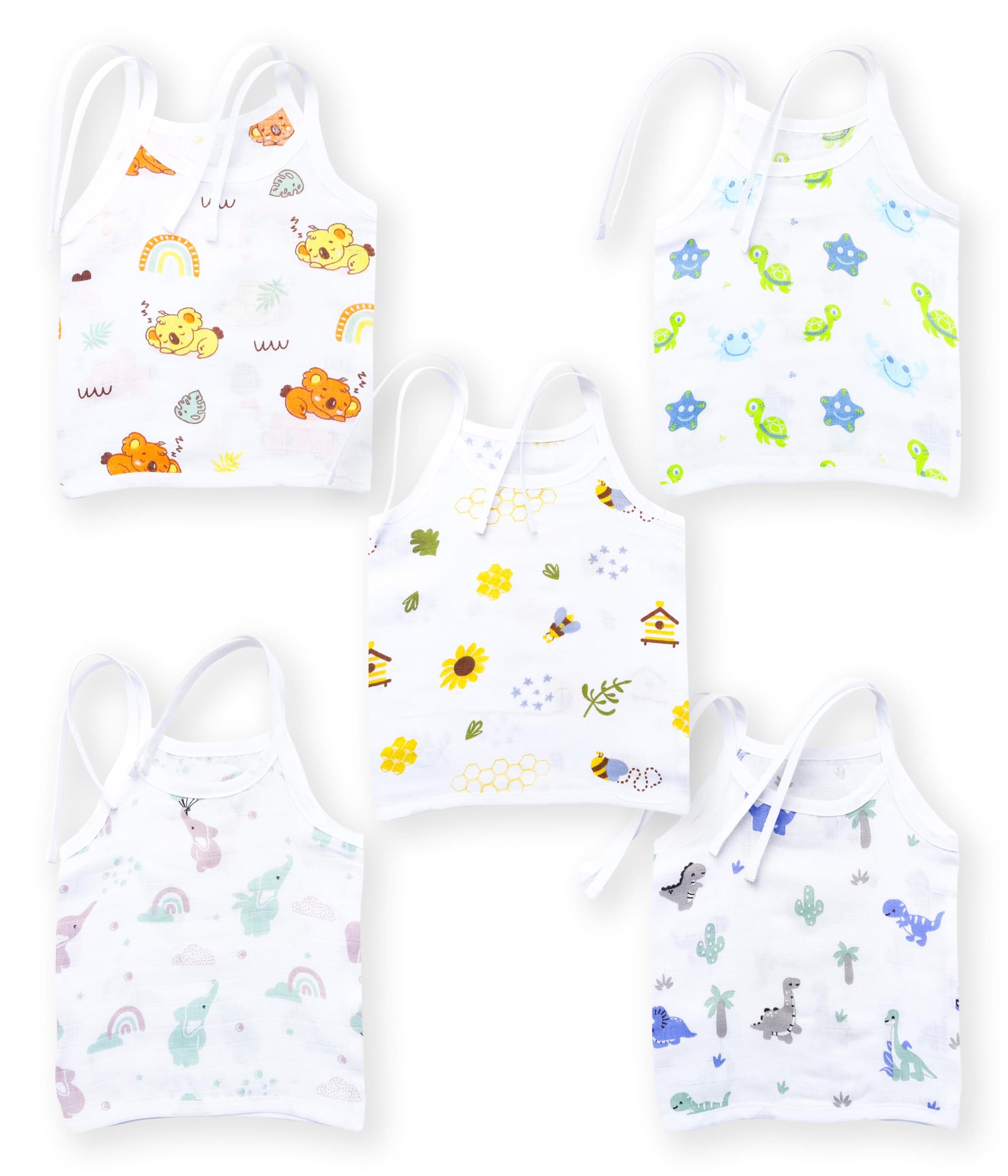 YUV New Born Baby Boys & Girls 100% Muslin Cotton Tie Up Jabla T-Shirts, Set of 5, Multicolour Print
