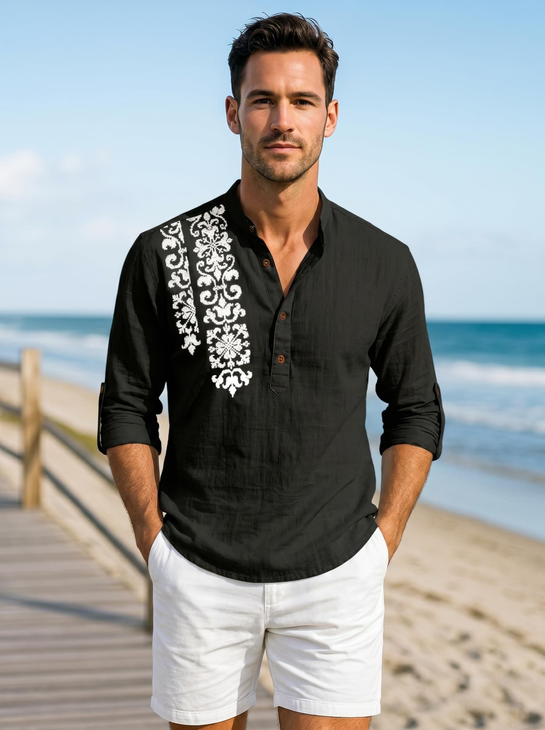 ROYALSCOUT Men's Regular Fit Stylish Embroidered Design Cotton Blend Full Sleeve Short Straight Kurta Shirt