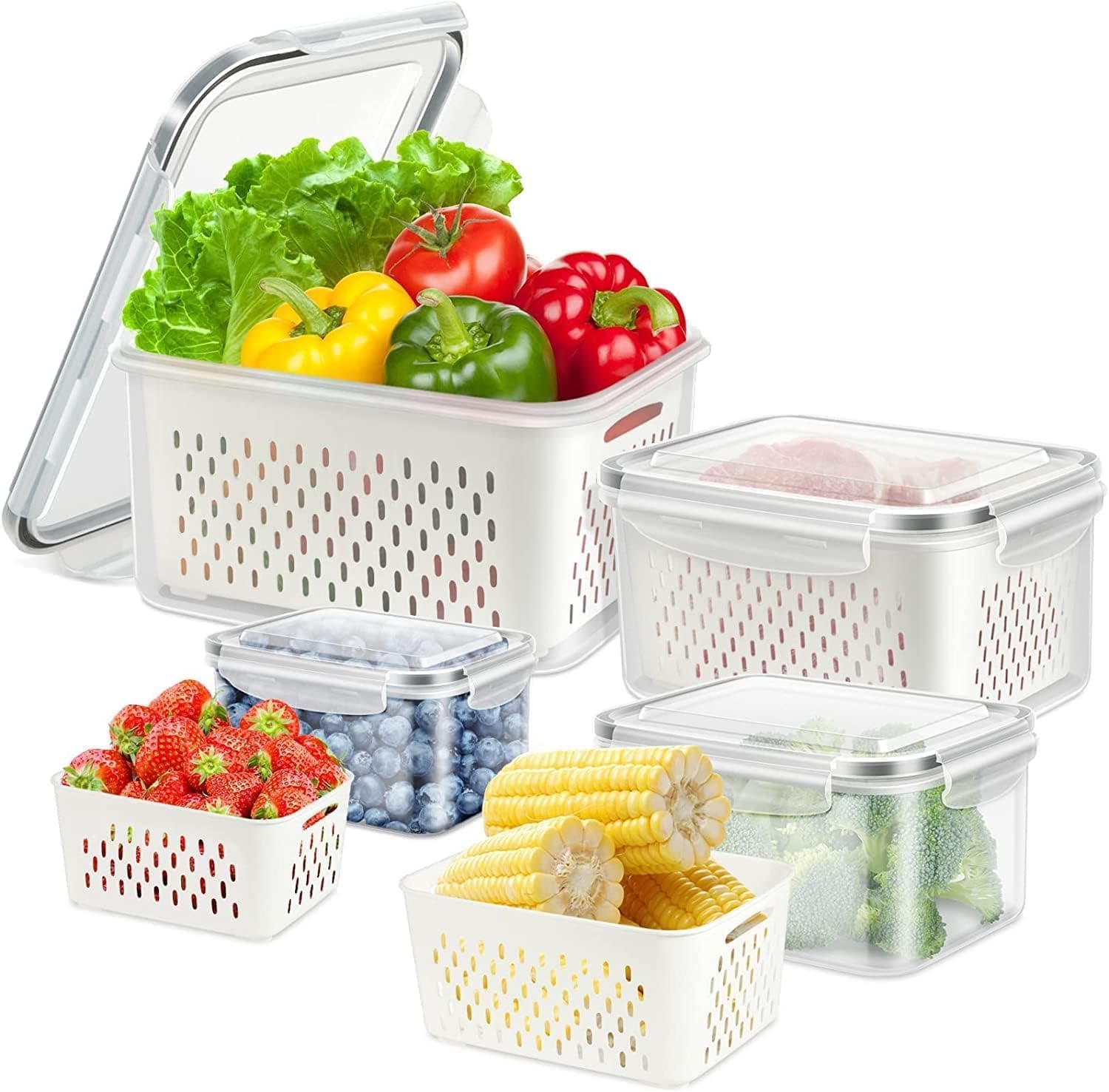 LWVAX Fridge Storage Container Set With Removable Colander For Fruit Vegetable - Dishwasher & Microwave Safe Produce Food Storage Containers