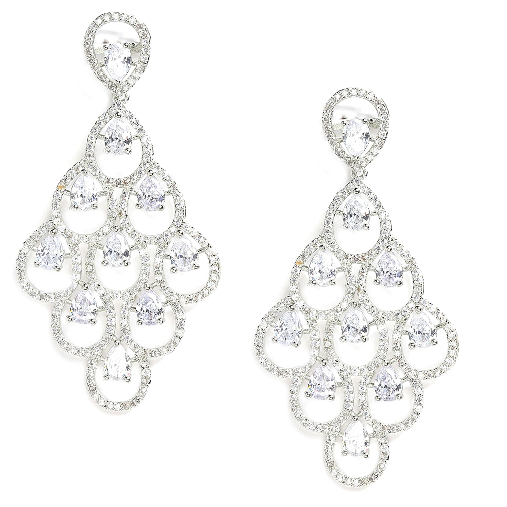 ZENEME Rhodium-Plated Silver-Toned White American Diamond Crystal Chandelier Earrings for Women & Girls Long Statement Earring Jewellery