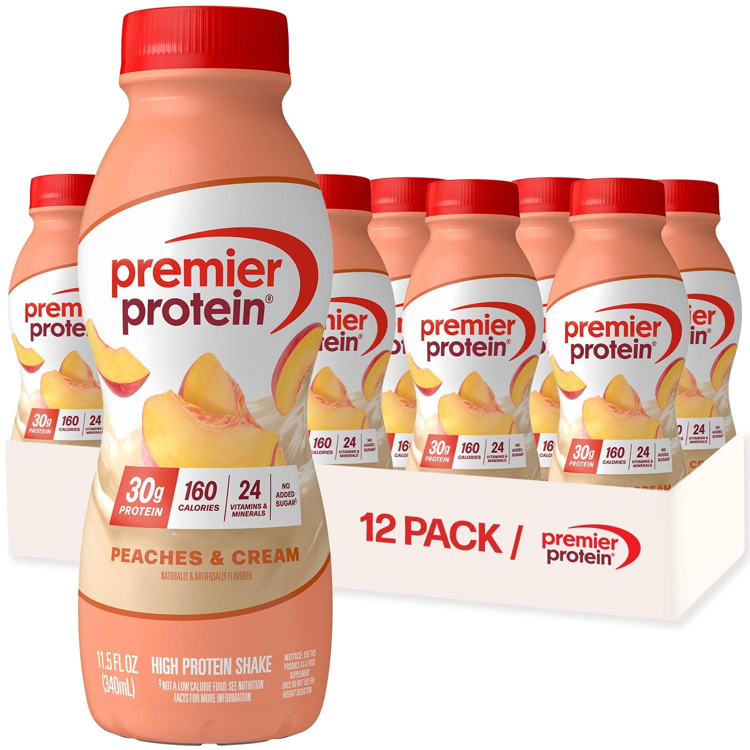 Premier Protein 30g Protein Shake, Peaches & Cream, 11.5 Fl Oz Bottle, (12Count)